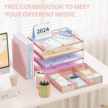 OPNICE Desk Organizers and Accessories, 4-Tier Desktop File Organizer with Drawer and 2 Pen Holders, Office Desk Accessories Workspace Organizers for Office Supplies, Rose Gold