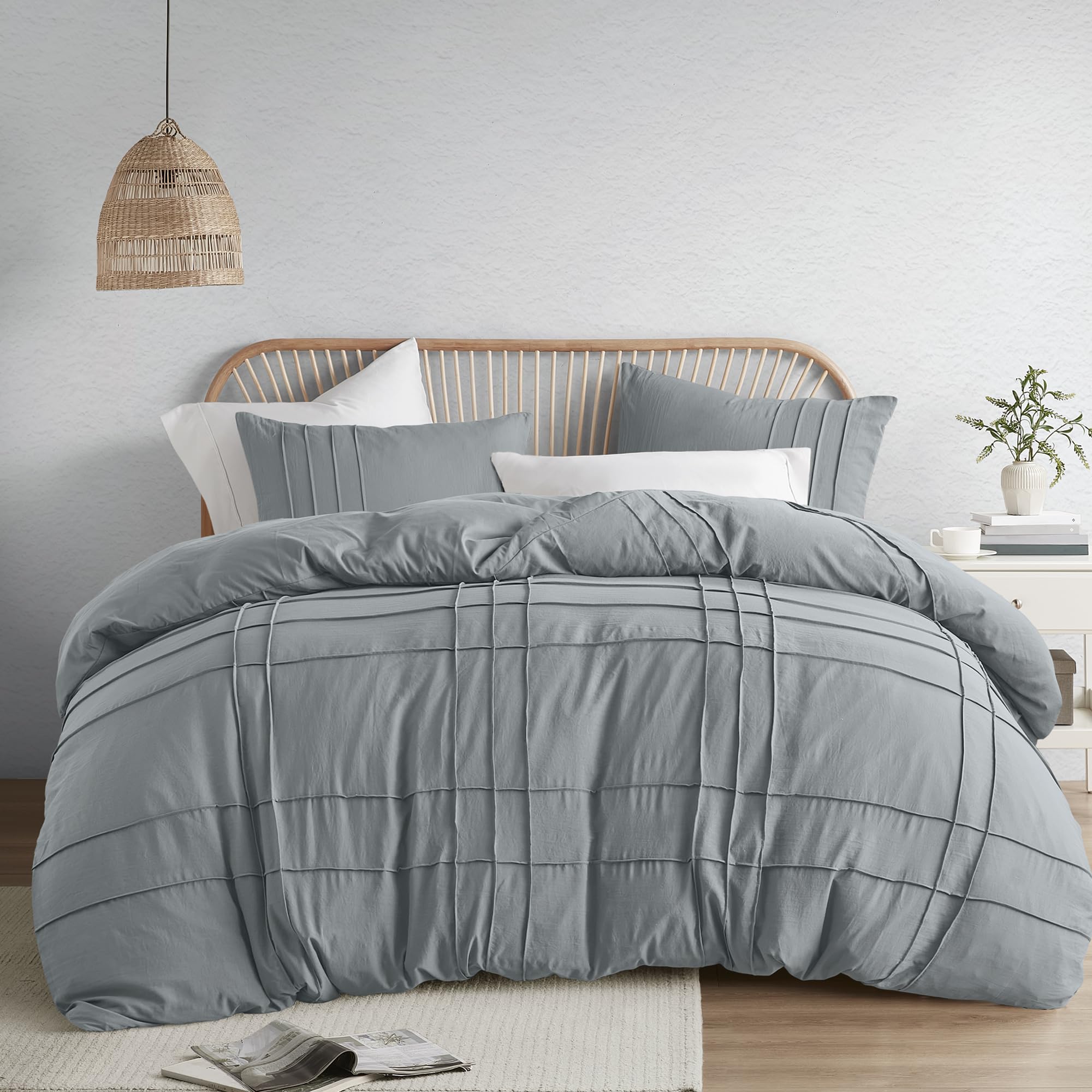 Comfort Spaces Blue/Grey Queen Size Duvet Cover Set - 3 Pieces Pintuck Pleated Duvet Cover Queen, All Season Lightweight, Extra Softness Pre-Washed Microfiber Queen Bedding Cover Shams, Full/Queen