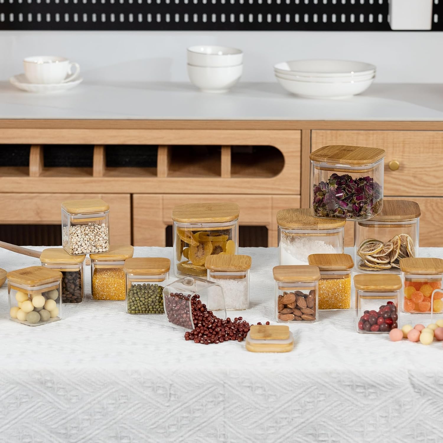 5oz Airtight Square Spice Containers with Bamboo Lid Set of 12 with Black Lables Storage Stackable Spice Jar, Kitchen Canister for Sugar, Tea, Flour, Salt and Seasonings (Clear Glass) - Image 6