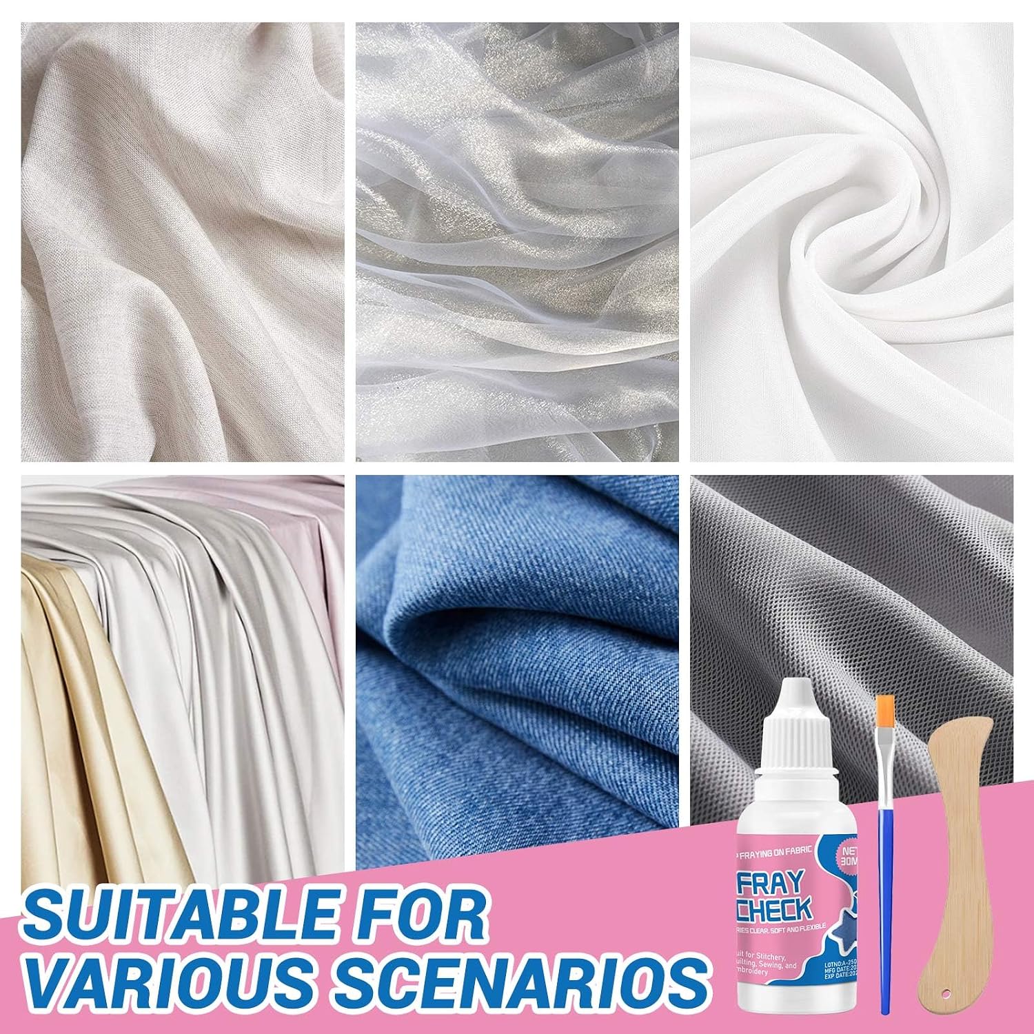 Fray Check for Fabric Clear, No Fray Fabric Glue and Wooden Scraper Dried Clear Soft Flexible Prevent Fraying and Unraveling Edge Sealing Suit for Stitchery, Quilting, Sewing, Embroidery 30ml