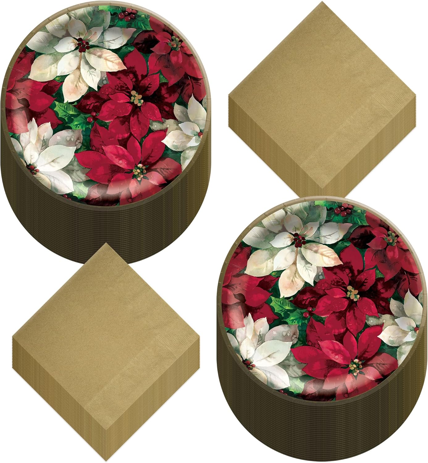 HOME & HOOPLA Holiday Party Fresh Christmas Poinsettia Paper Dinner Plates and Gold Lunch Napkins For Large Parties (60 Plates & Napkins)