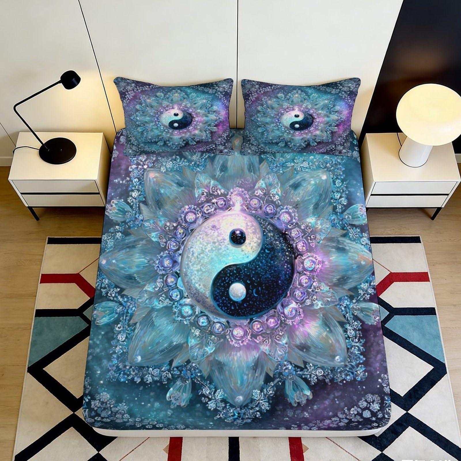 3D Printed Yin Yang Mandala Fitted Sheet Microfiber Soft Washable Boho Lotus Mattress Cover for Bedroom Guest Room Decor 90x200x25cm