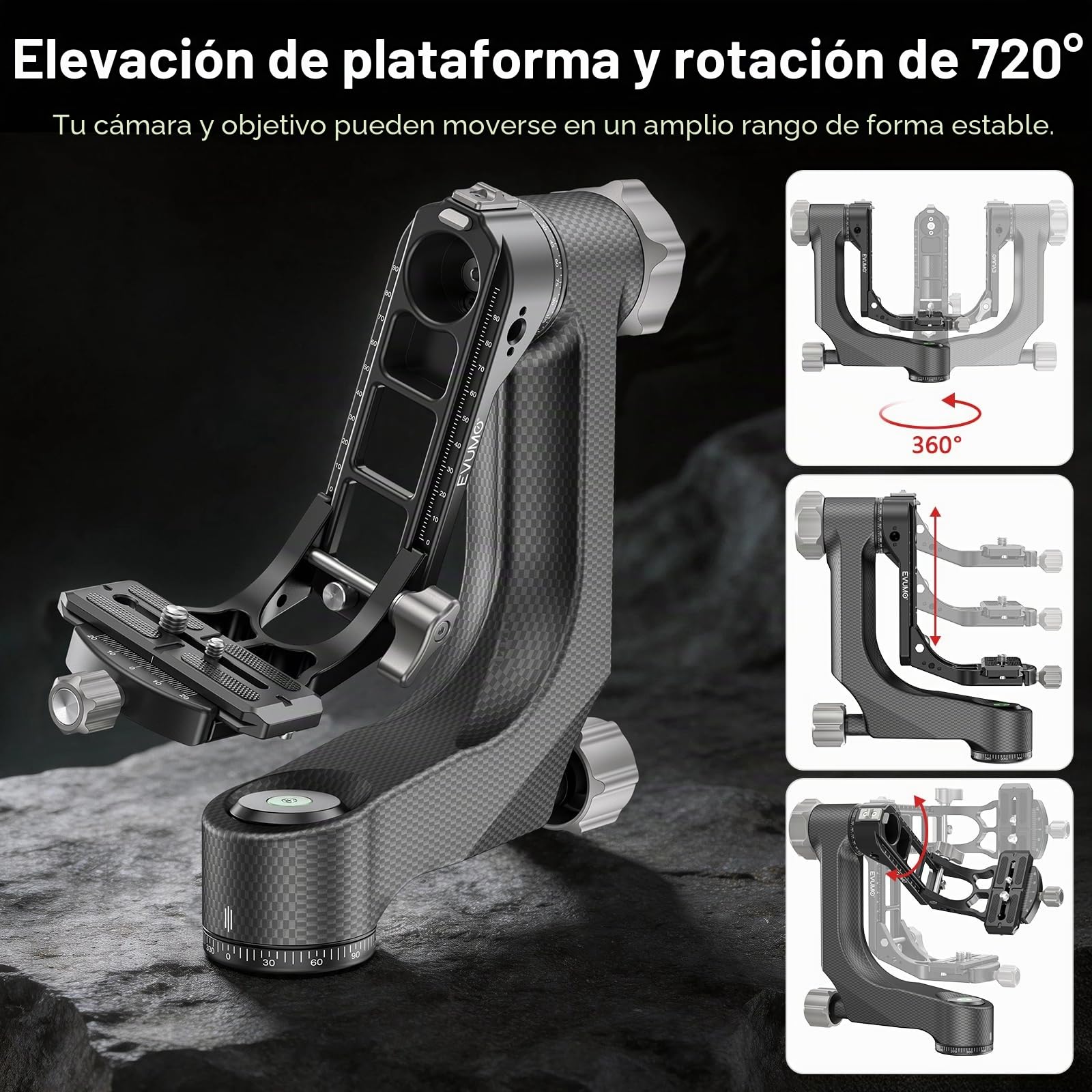 EVUMO P9 Cabezal de Trípode de Cardán, Gimbal Head de 360°, Cabezal Trípode Profesional de Fibra Carbono, con Placa de Liberación Rápida Arca-Swiss de 1/4'' y 3/8'', Carga Máxima 20kg para Cámara DSLR