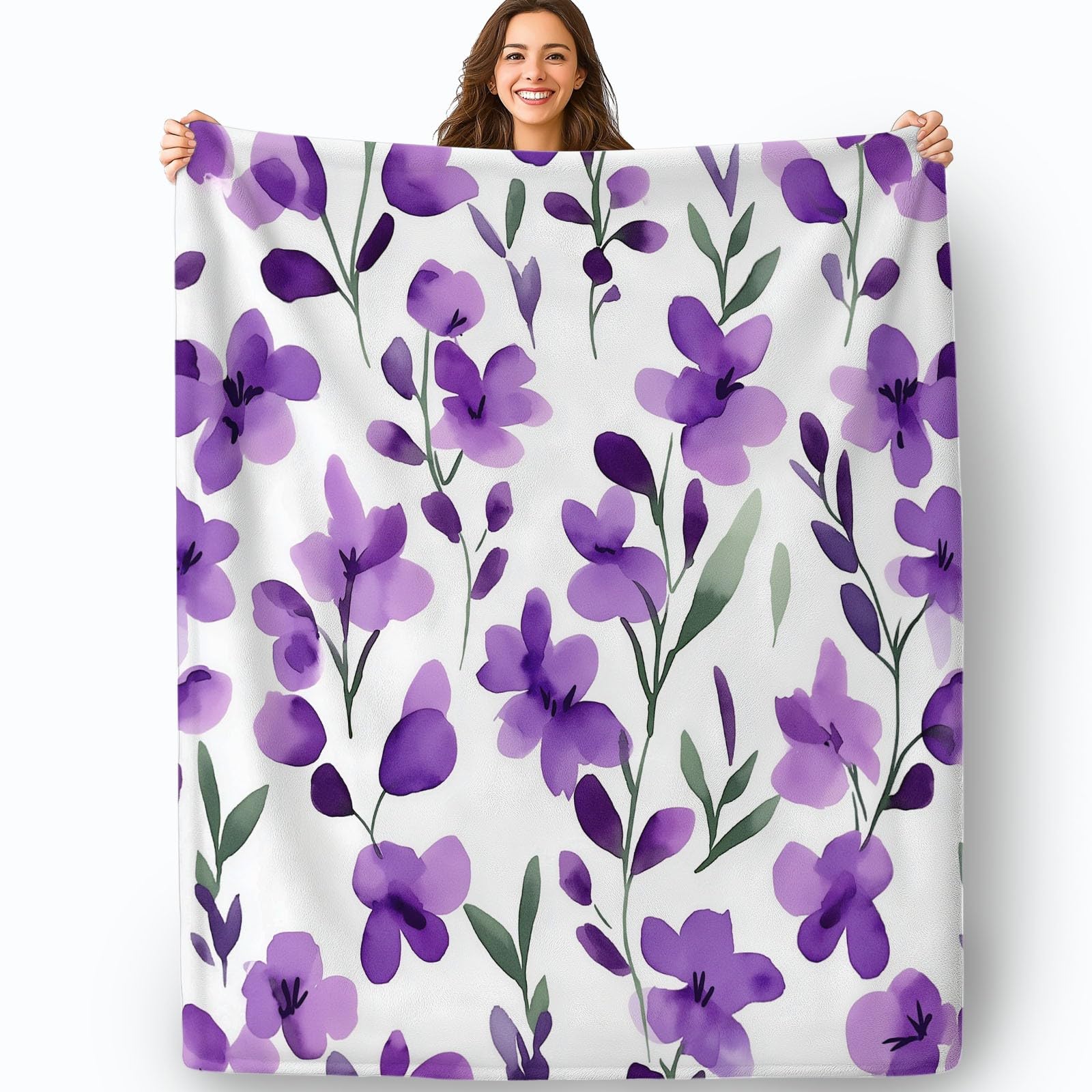 Manta con Estampado Versátil Acuarela Lavanda Flores Manta De Forro Polar De Franela Suave para Silla, Oficina, Habitación, Manta De Sherpa 220 x 240 cm para Adultos Y Niños Púrpura Blanco