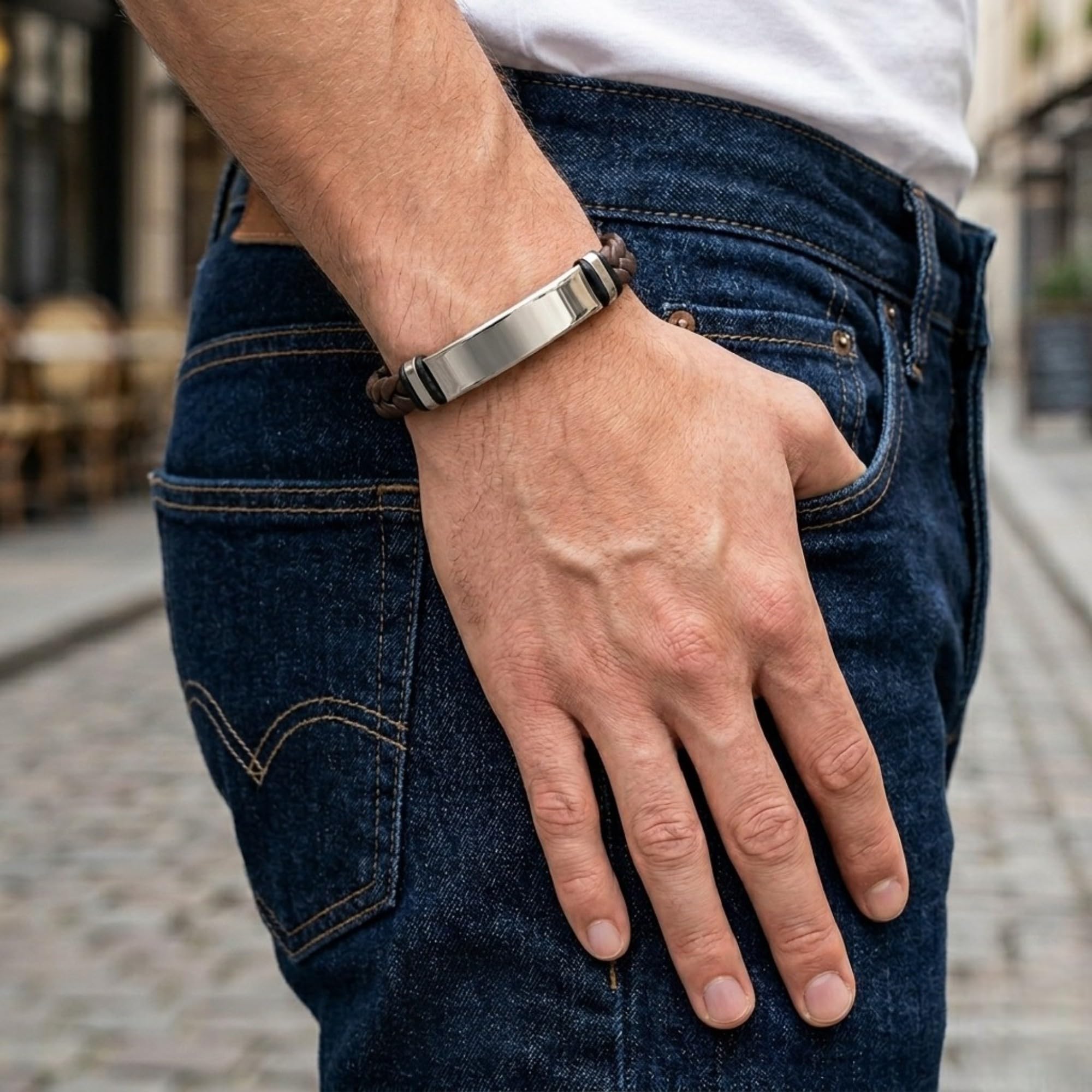 Pulsera Piel Trenzada Personalizable Hombre-Grabado Personalizado Nombre Fecha-Ajustable Cierre Seguro Acero Inoxidable-Diseño Elegante Regalo Original Pareja Amistad Cumpleaños Navidad