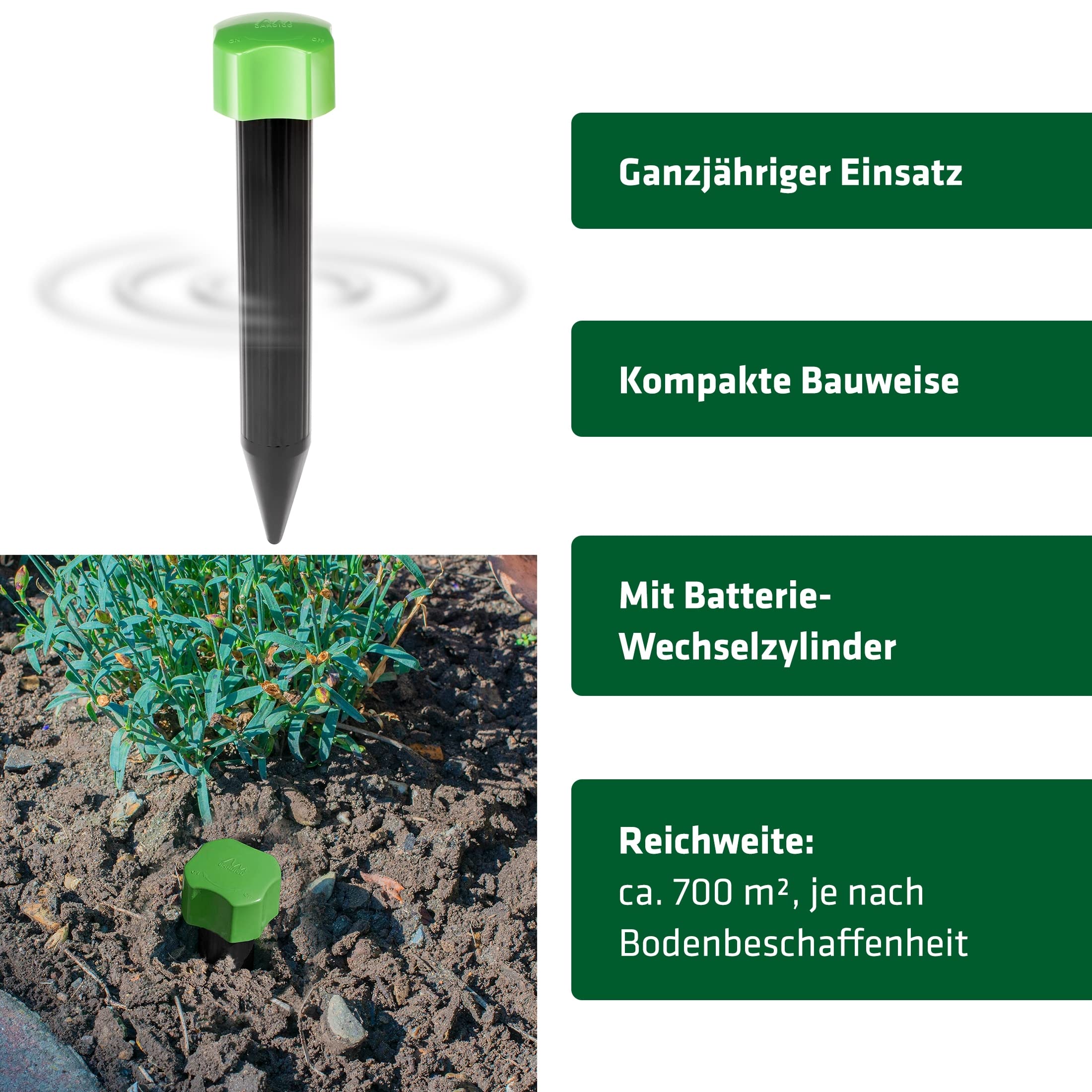 Gardigo® 2 Ahuyentadores de Topos I Antitopos para el Jardín I Alcance de hasta 700 m² I Fácil Uso y Cambio de Pilas
