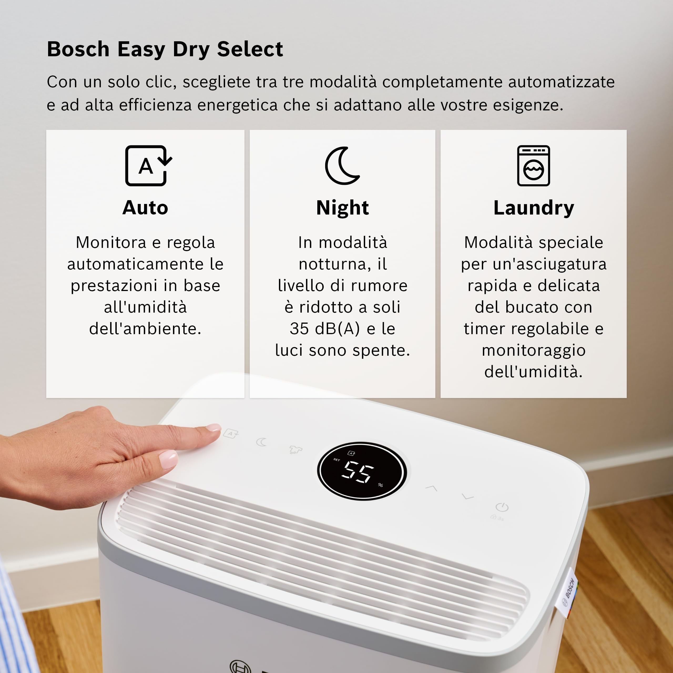 Bosch Dry 2000 - Deumidificatore - Facile. Efficiente. Tranquillo. Per la tua casa e la tua camera da letto - Per Stanze fino a 24 m² - Asciugatura rapida per il tuo bucato