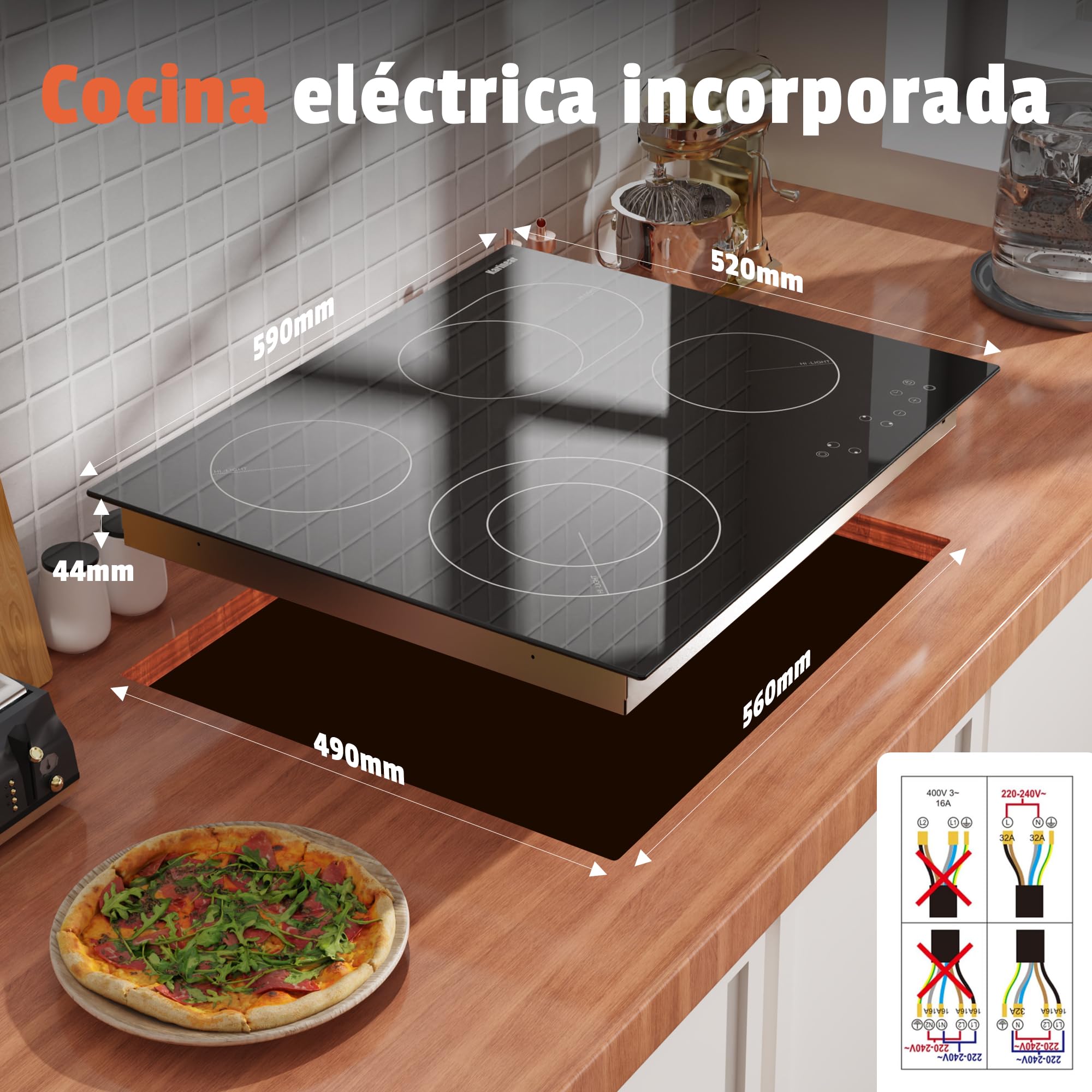 Karinear Placa Vitrocerámica 4 Fuegos, 60cm Placa Cocina con a Ampliar Placa Cocción Eléctrica, Vitroceramica Encastrable 6600W, Control Temporizador, Sin Enchufe | Vitroceramica Encastrable 6600W, Temporizador, Bloqueo de Seguridad Para Niños, Ampliación