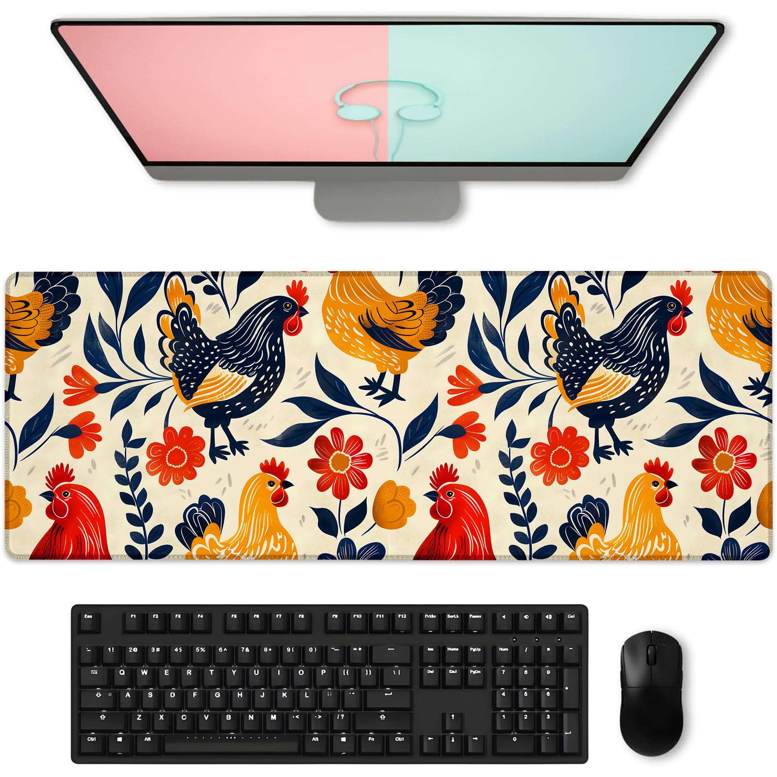 Charming Rooster Gaming Mouse Pad, Large Farmhouse Chick & Floral Desk Mat for Keyboard Laptop Computer, Non-Slip Rubber Base Desktop Extended