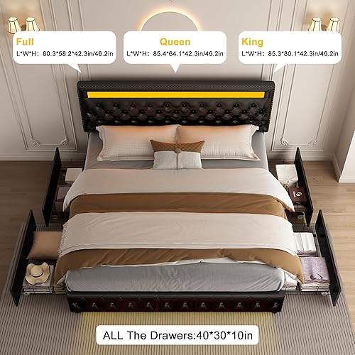 Miniatura 4 de GEGOFORU - Base de cama LED Queen con 4 cajones de almacenamiento, con control inteligente RGBW luces LED cabecera, control de color DIY, somier