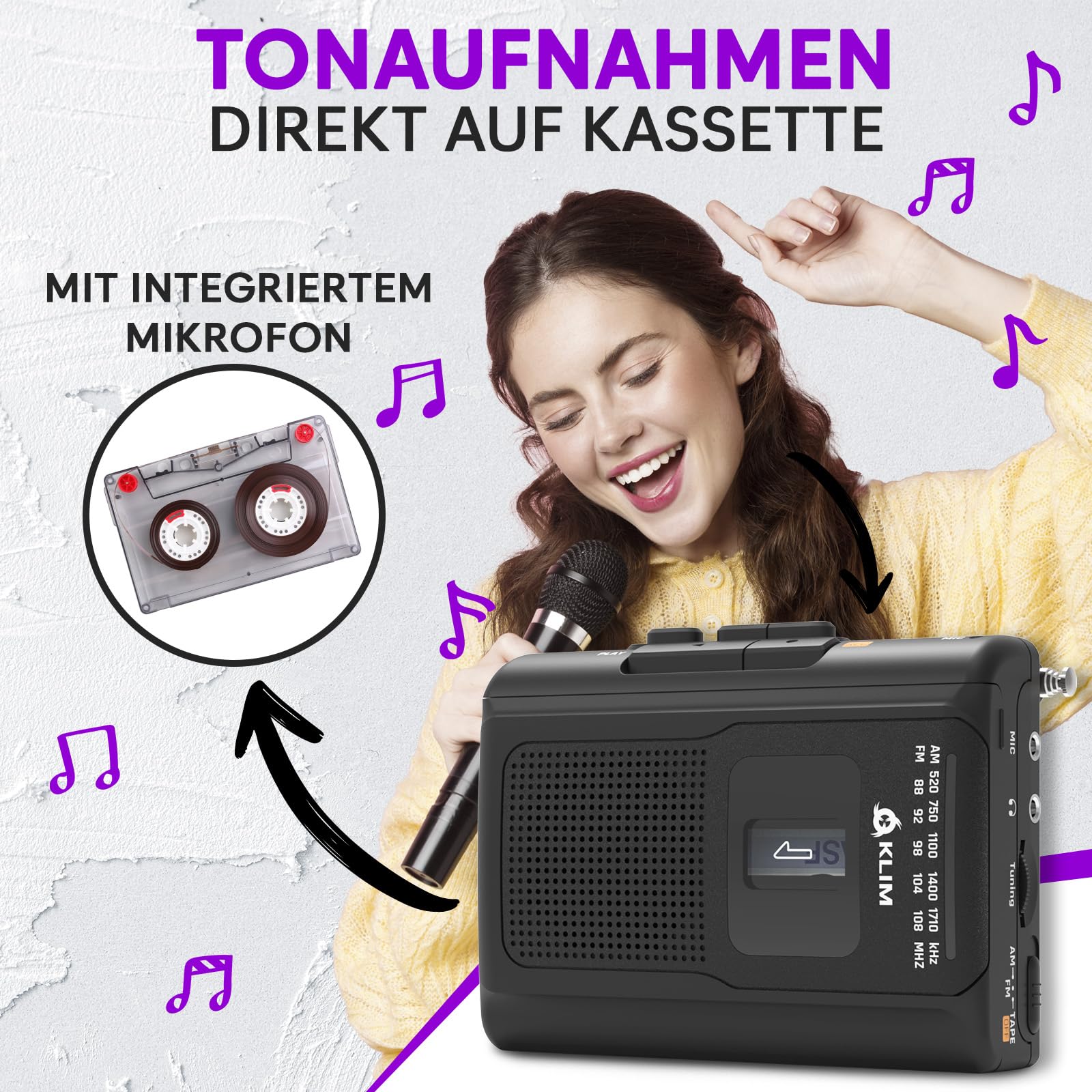 KLIM K8 Kassettenspieler - Kassettenrekorder - NEU Cassette Player - AM/FM Kassettenradio - Eingebautes Mikrofon & Lautsprecher - Kopfhöreranschluss & Ohrhörer - Schwarz