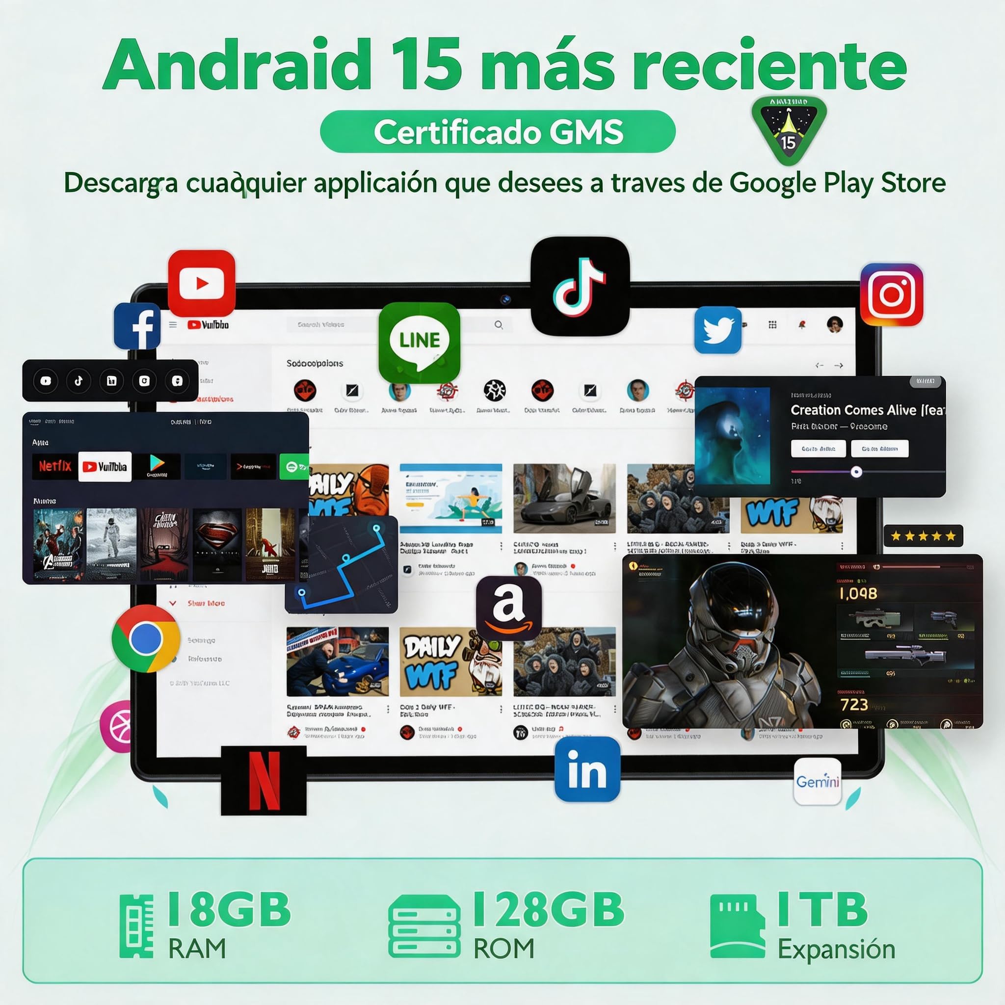 Tableta Android 15 10 Pulgadas 18GB RAM 128GB Almacenamiento IPS 1280x800 Octa-Core 6000mAh