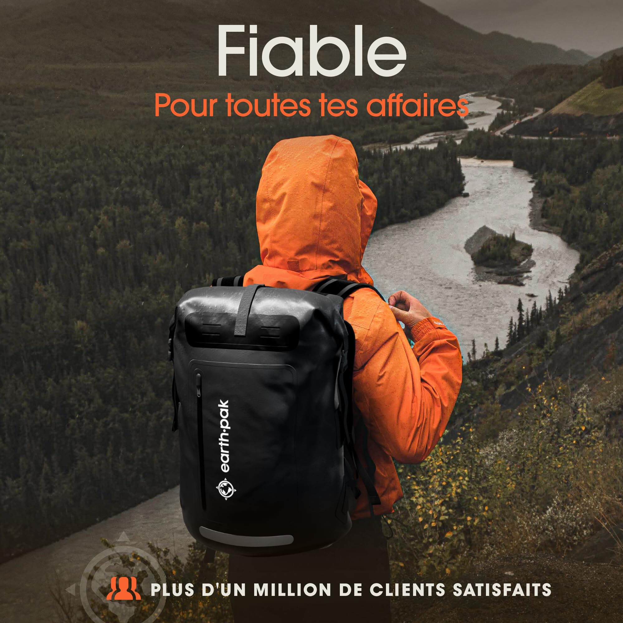 Earth Pak Sac à dos imperméable – Fermeture robuste enroulable avec poche avant zippée facile d'accès et panneau arrière rembourré pour plus de confort avec étui étanche IPX8