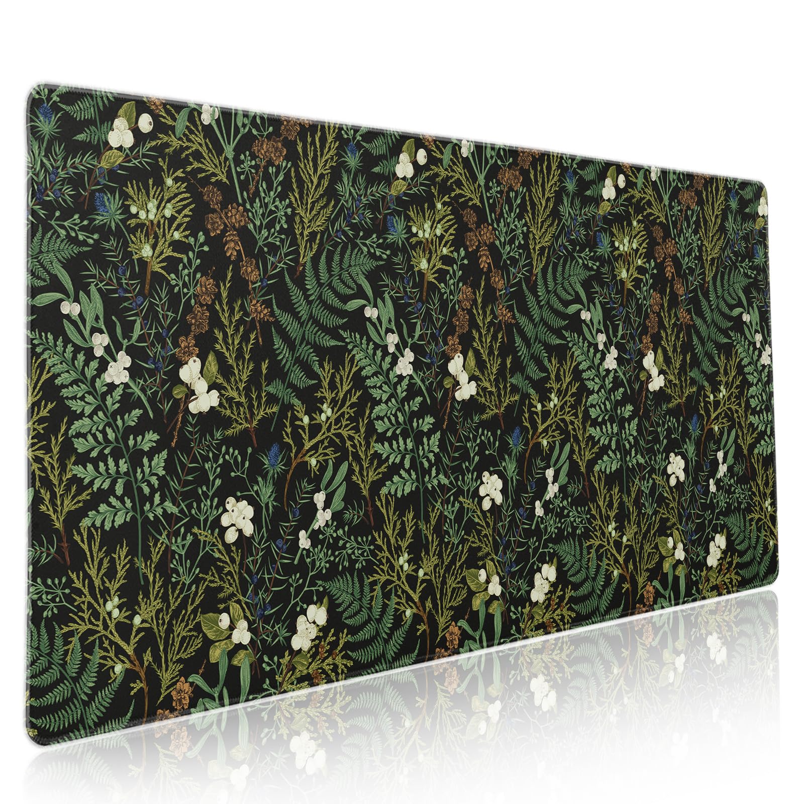 Black Aesthetic Vintage Botanical Gaming Mouse Pad XXL Cute Forest Green Plant Nature Floral Extended Large Mouse Pad Big Mousepad Non-Slip Stitched