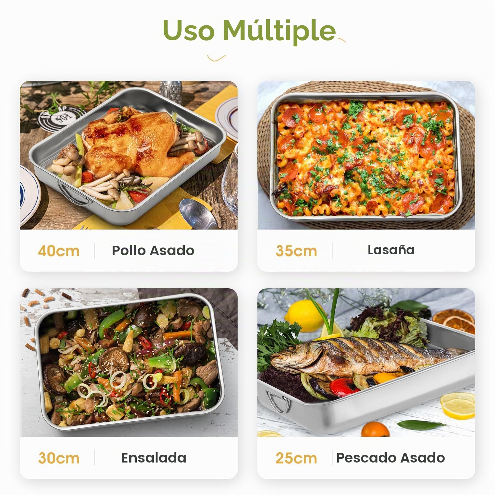 Juego de 4 Bandeja para Hornear Juego de sartenes rectangulares de acero inoxidable para horno con asas