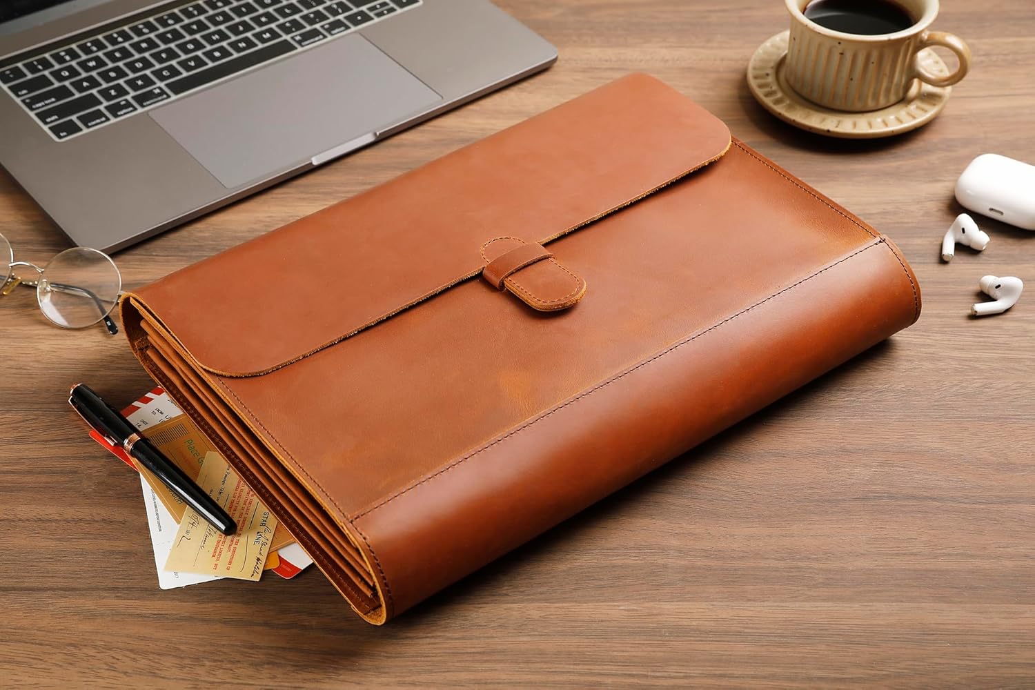 Genuine Leather File Folder, Accordian File Organizer, Leather Document Holder Resume Folio for Men & Women - Brown