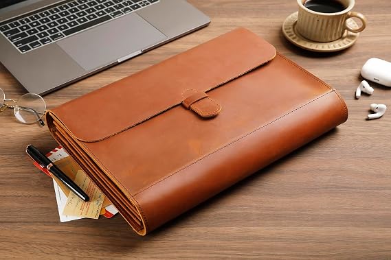 Genuine Leather File Folder, Accordian File Organizer, Leather Document Holder Resume Folio for Men & Women - Brown