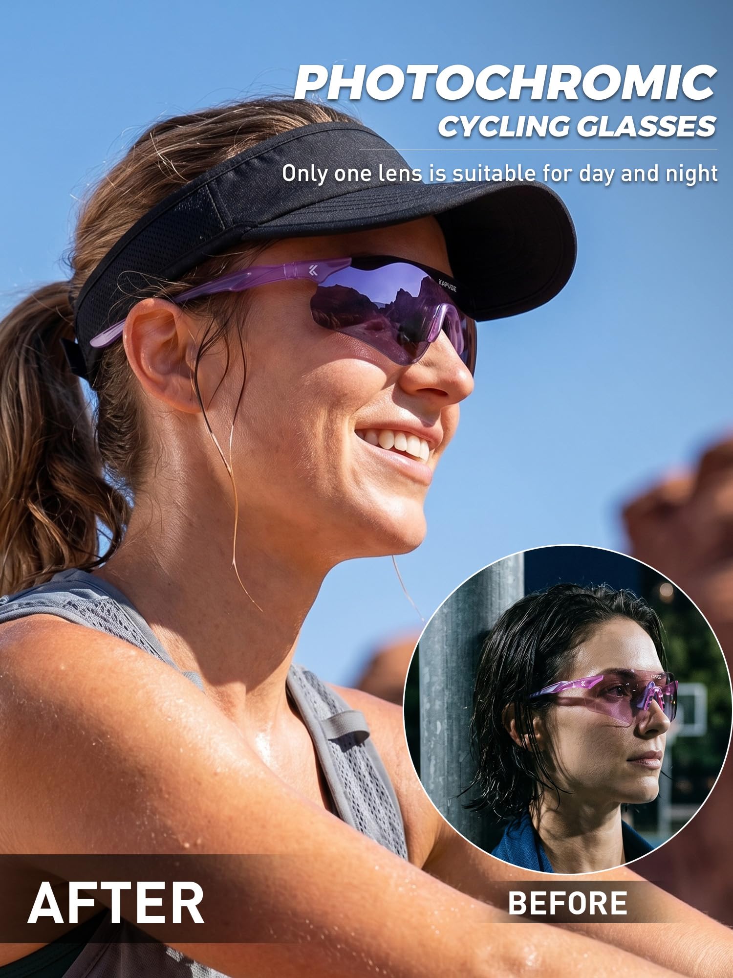 KAPVOE Gafas de Sol Deportivas Fotocromáticas para Hombre Mujer, Gafas UV400 sin Marco 22g con Almohadilla Nasal de Silicona Ajustable, Running Ciclismo Béisbol Conducción K108