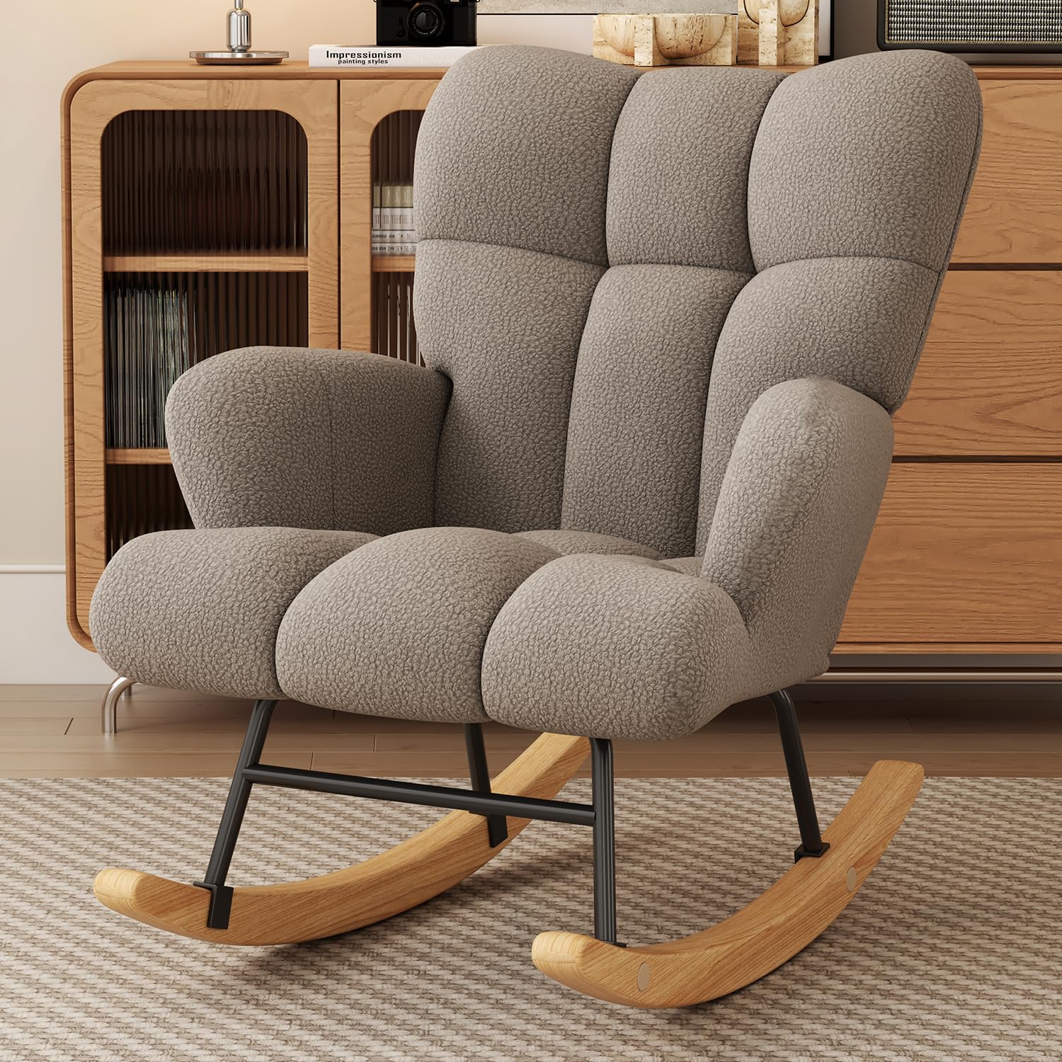 Glider Rocking Chair Nursery, Comfy Accent Chair Armchair with High Backrest Teddy Soft Upholstered Living Room Chairs for Reading Bedroom Living Room Home Offices Nursery (Khaki)