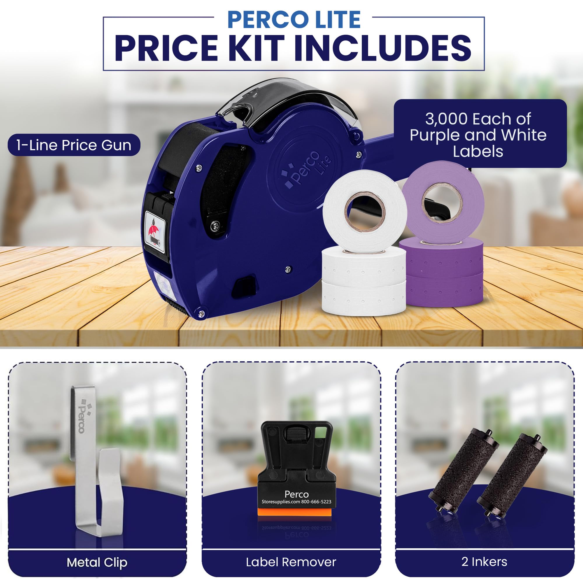 Perco Lite - Pistola prezzatrice a 1 linea con kit di etichette, include 3 rotoli bianchi, 3 rotoli viola, 2 rulli di inchiostro, 1 rotolo di inchiostro ed etichette precaricate