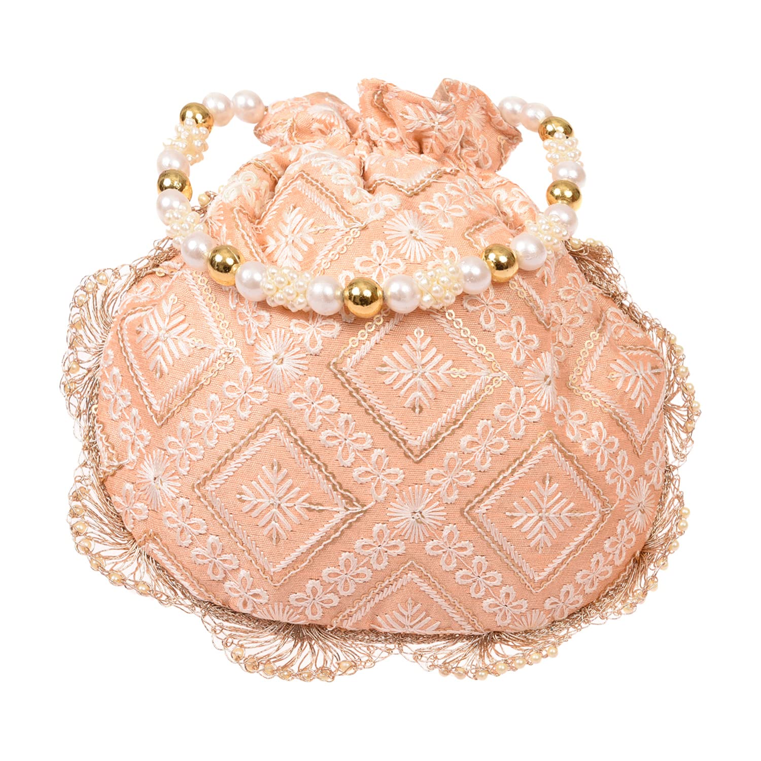 kuber industries Women's Potli | Silk Fabric Zig Zag Embroidery Potli | Heavy Zari Work Potli | Traditional Indian Beads Drawstring Bags for Wedding | Shagun | Peach-picture-18