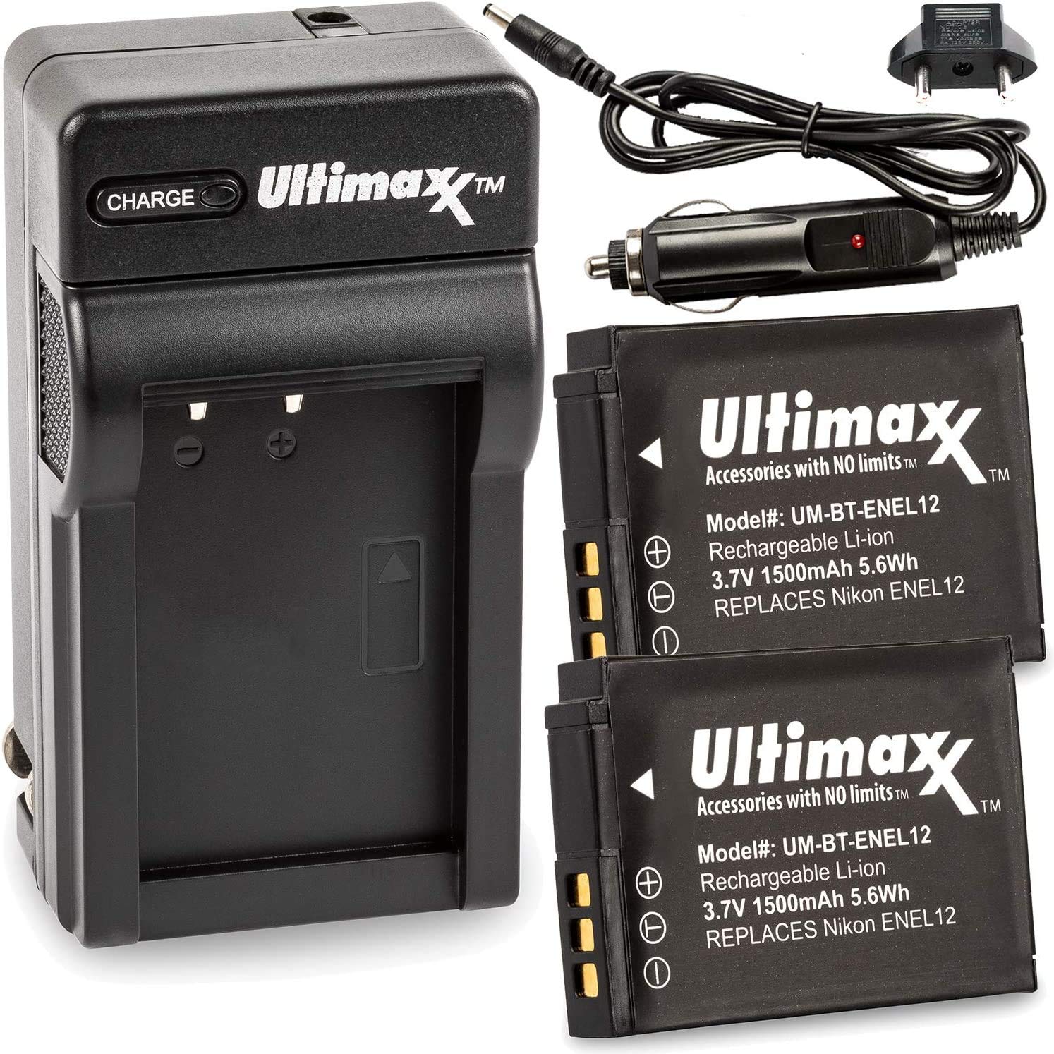 Ultimaxx Rapid Travel Charger & 2X EN-EL12 Battery (1500mAh) for Nikon COOLPIX A1000 B600 W300 A900 AW100 AW110 AW120 AW130 S6300 S8100 S8200 S9050