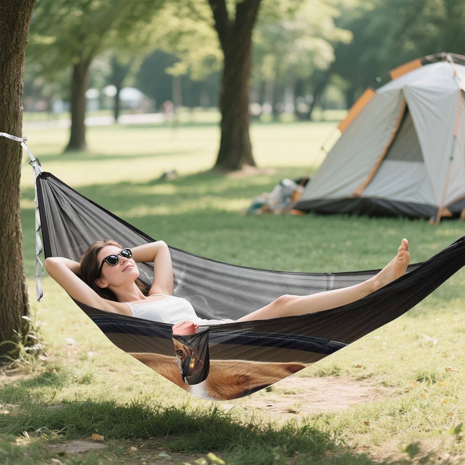 ALAZA Dog Listening Music Camping Hammocks Single or 2 Person 500 lbs Portable Parachute Travel Hammock w/Tree Straps for Hiking Backpacking Indoor Outdoor