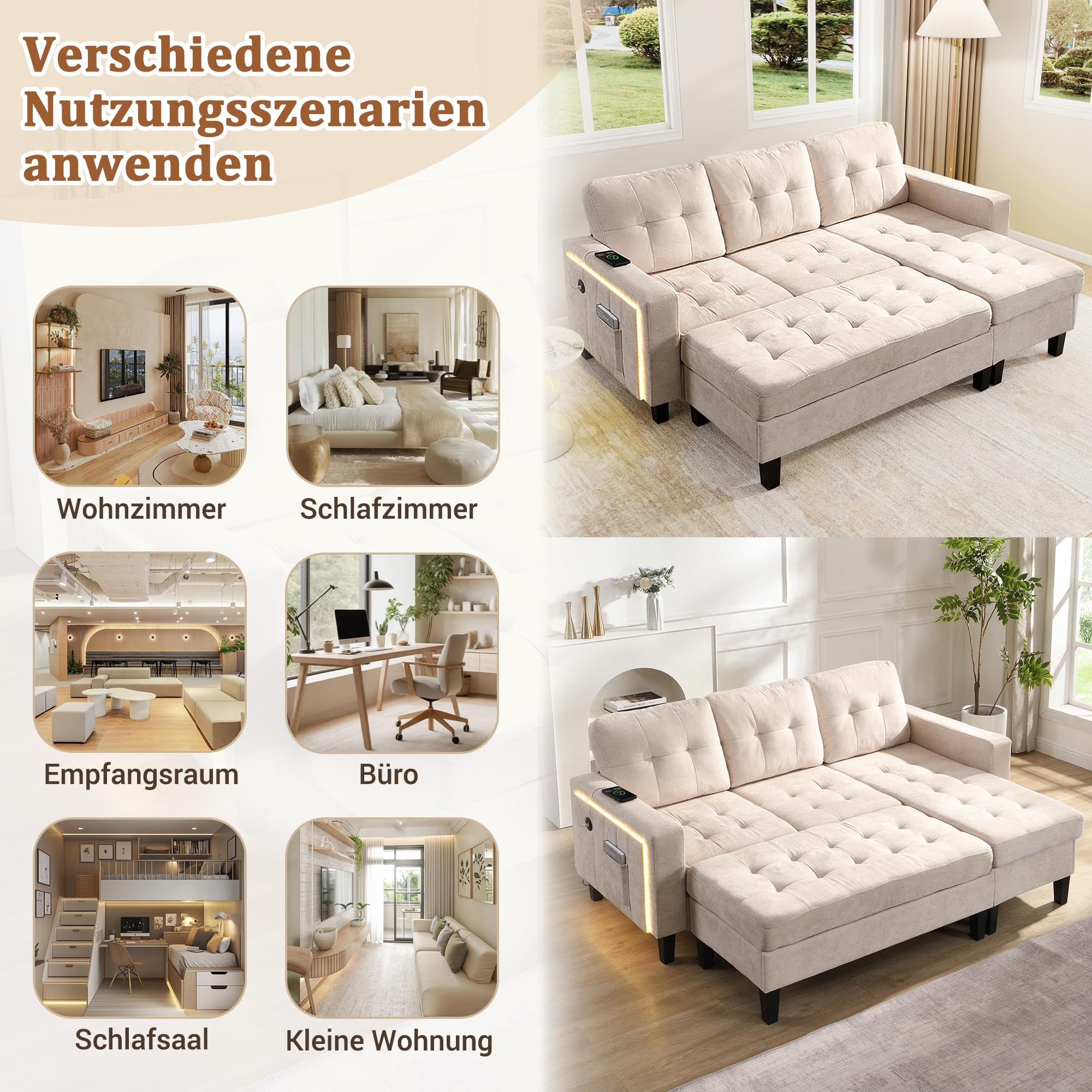 Canapé Modulable L 3 Places avec Ottoman XXL, LED et USB - Convertible en Lit Double, Tissu Chenille - pour Salon ou Appartement
