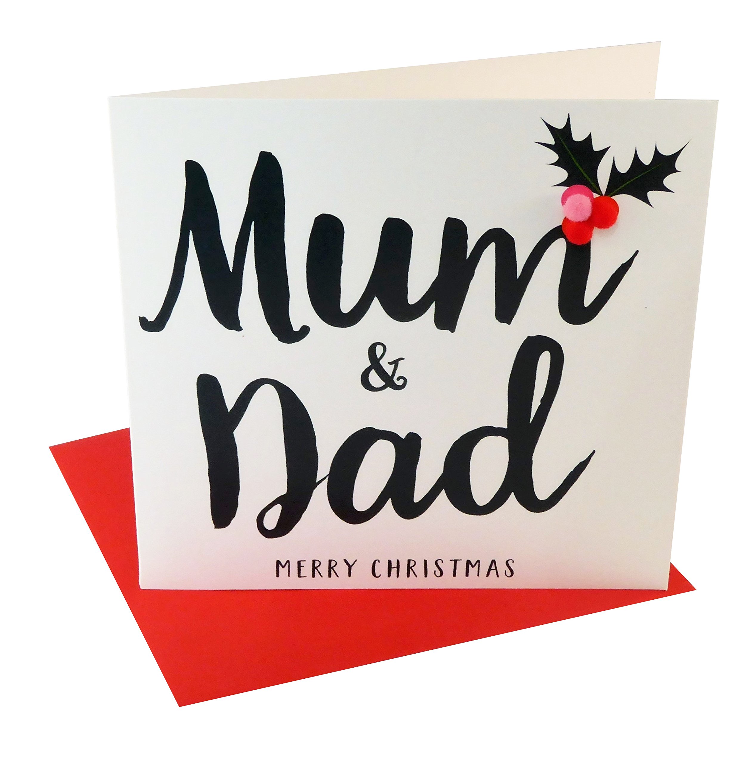 Claire Giles Greeting Cards, Happy Christmas Mum and Dad Card, Holly Design Xmas Greeting Card, Embellished with Colourful Pompoms