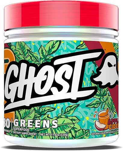 GHOST Greens Superfood en polvo, sidra de manzana, 30 porciones, 19 súper verdes y rojos, frutas, verduras, espirulina y clorella, prebióticos, 10