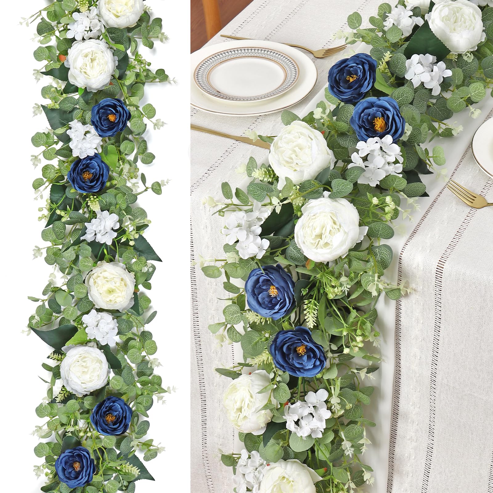 Betylifoy Confezione da 2 ghirlande di eucalipto artificiali da 4,3 m, con fiori rosa, peonie finte, ghirlande di fiori verdi per matrimoni, runner da tavola, sfondo, decorazione per la casa e le