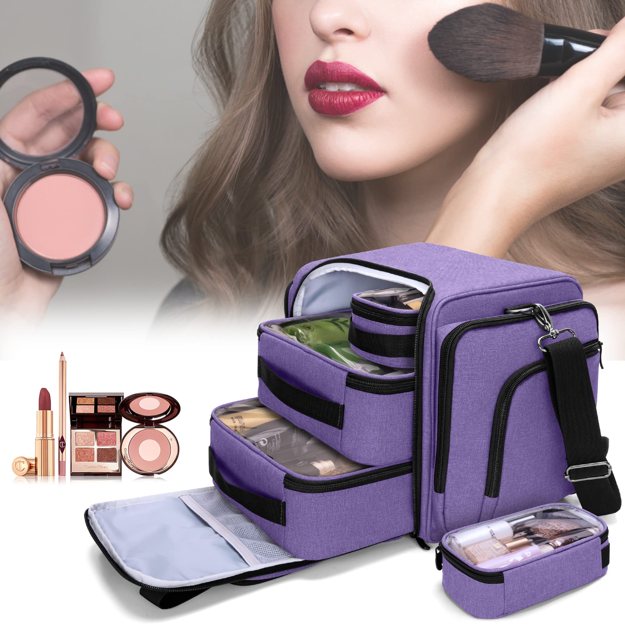 BAFASO Borsa per Trucco con 4 Tasche, Borsa per Cosmetici, Viola | Borsa per il Trucco da Viaggio Multifunzionale