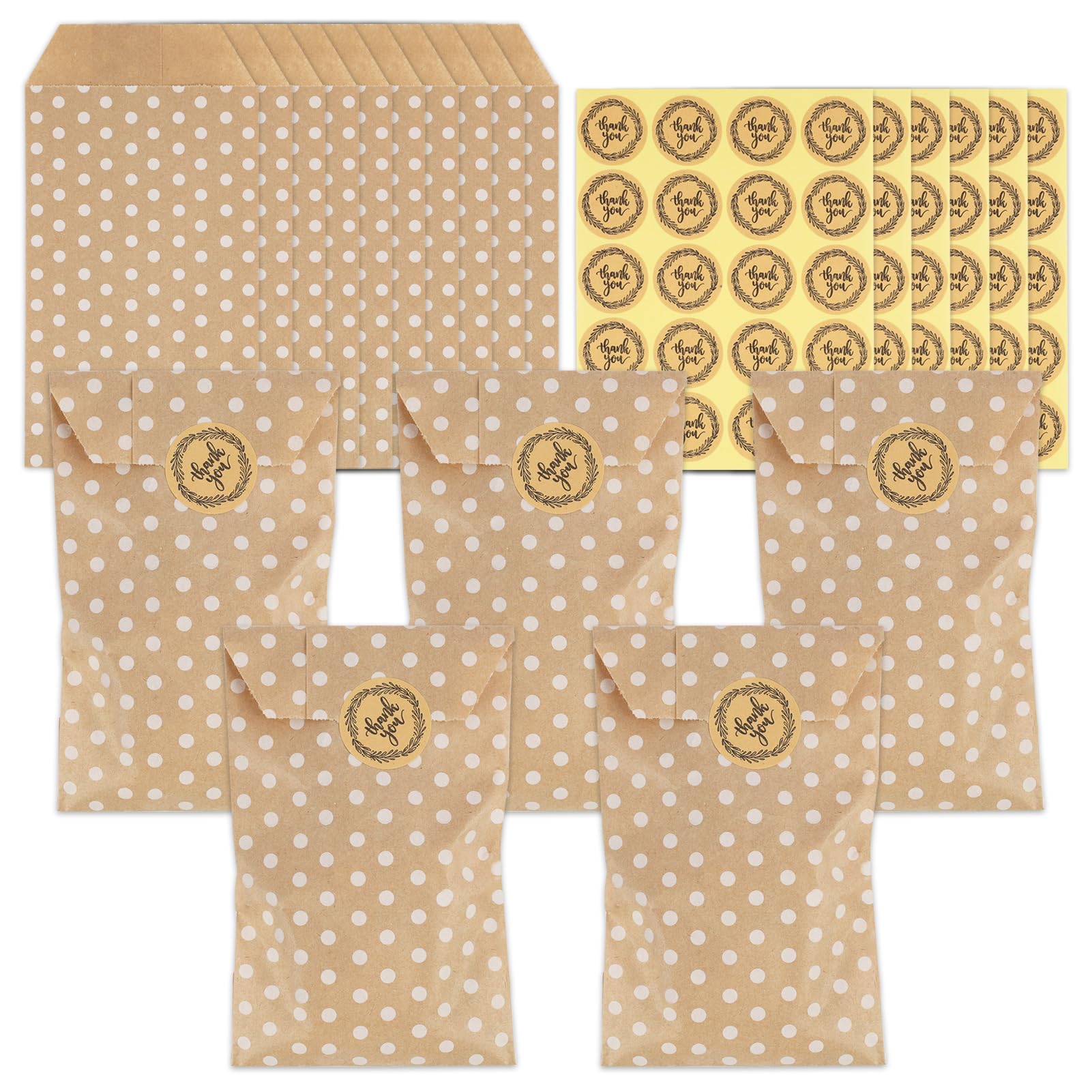 Lotnery Mini Polka Dot Brown Paper Bags 100pcs with Thank You Stickers | Small Kraft Gift Bags for Parties, Birthdays, Weddings | Size 8x15cm | with Thank You Label Stickers for Sweets and Treats