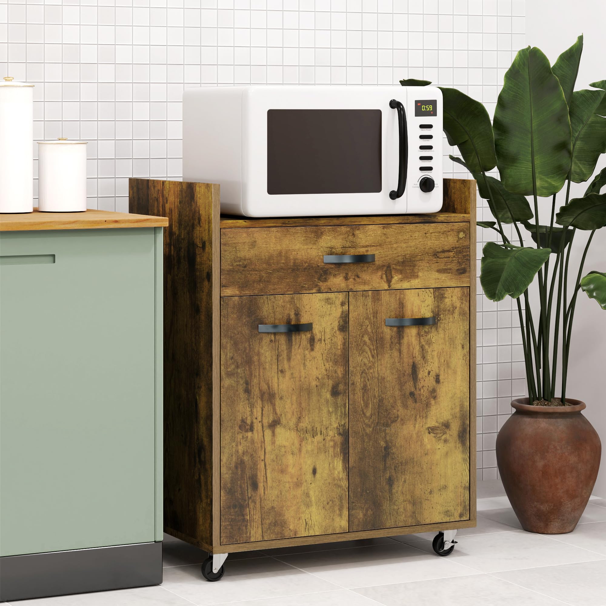 HOMCOM Carrello da Cucina Portavivande per Microonde con Cassetto e Armadietto, Isola per Cucina in Legno con 4 Ruote e Ripiano Regolabile, 60x40x77 cm, Marrone Rustico