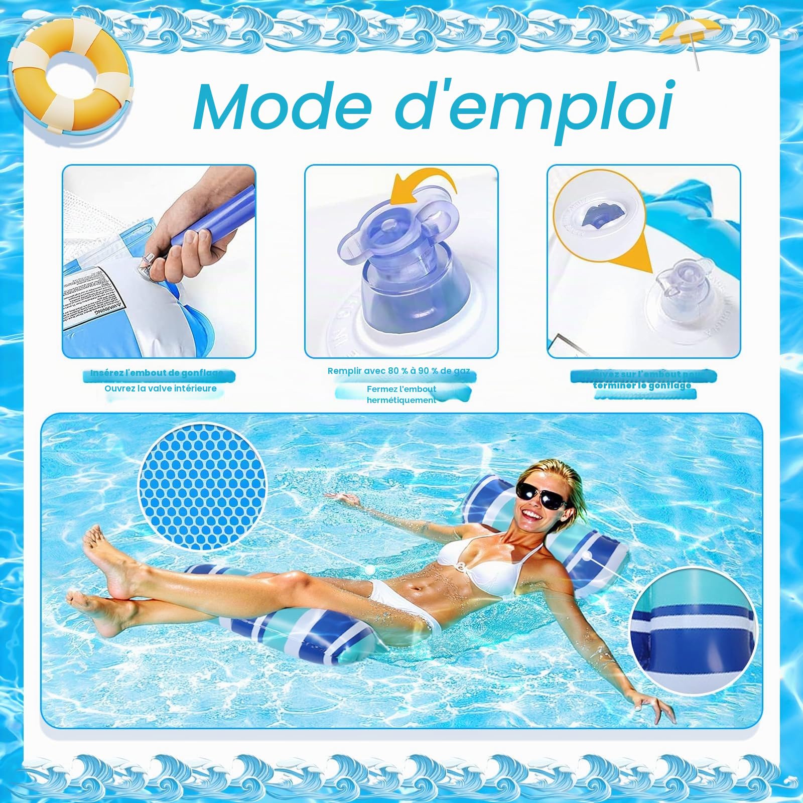 Lot De 2 Hamacs Piscine Gonflables 4-en-1 – Matelas, Chaise, Drifter – Capacité 200 Kg – Avec Pompes Et Étuis Étanches – Idéal Plage