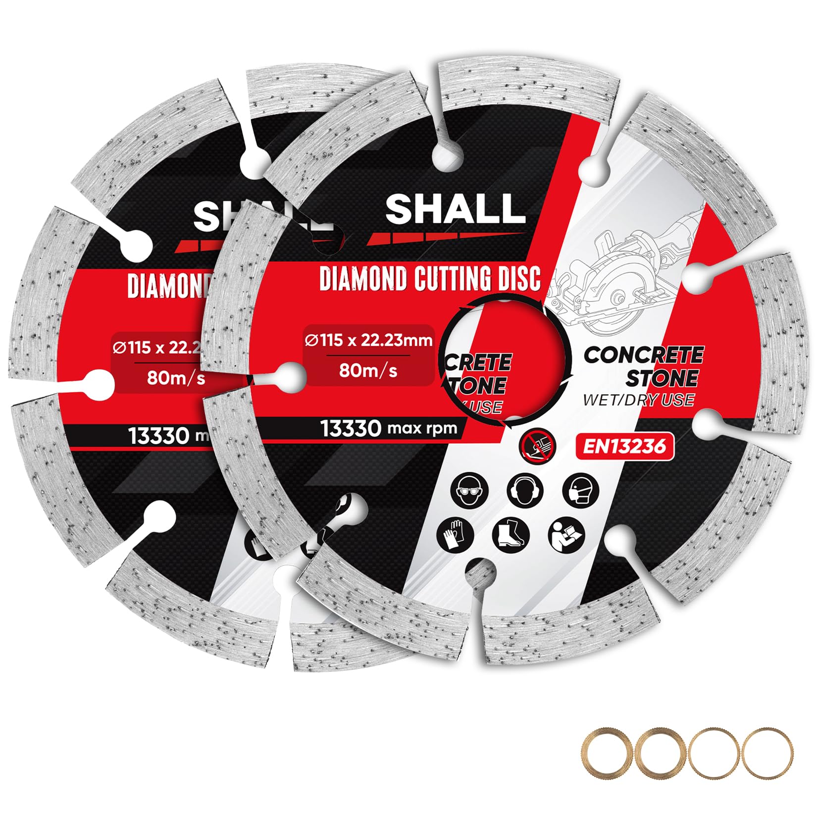 SHALL 115 mm (4.5") Segmented Diamond Cutting Discs, Fast Cutting for Angle Grinder, Concrete, Stone, Masonry & Tile, 22.23 mm Bore with 16 mm & 20 mm Reduction Rings, 2-Pack