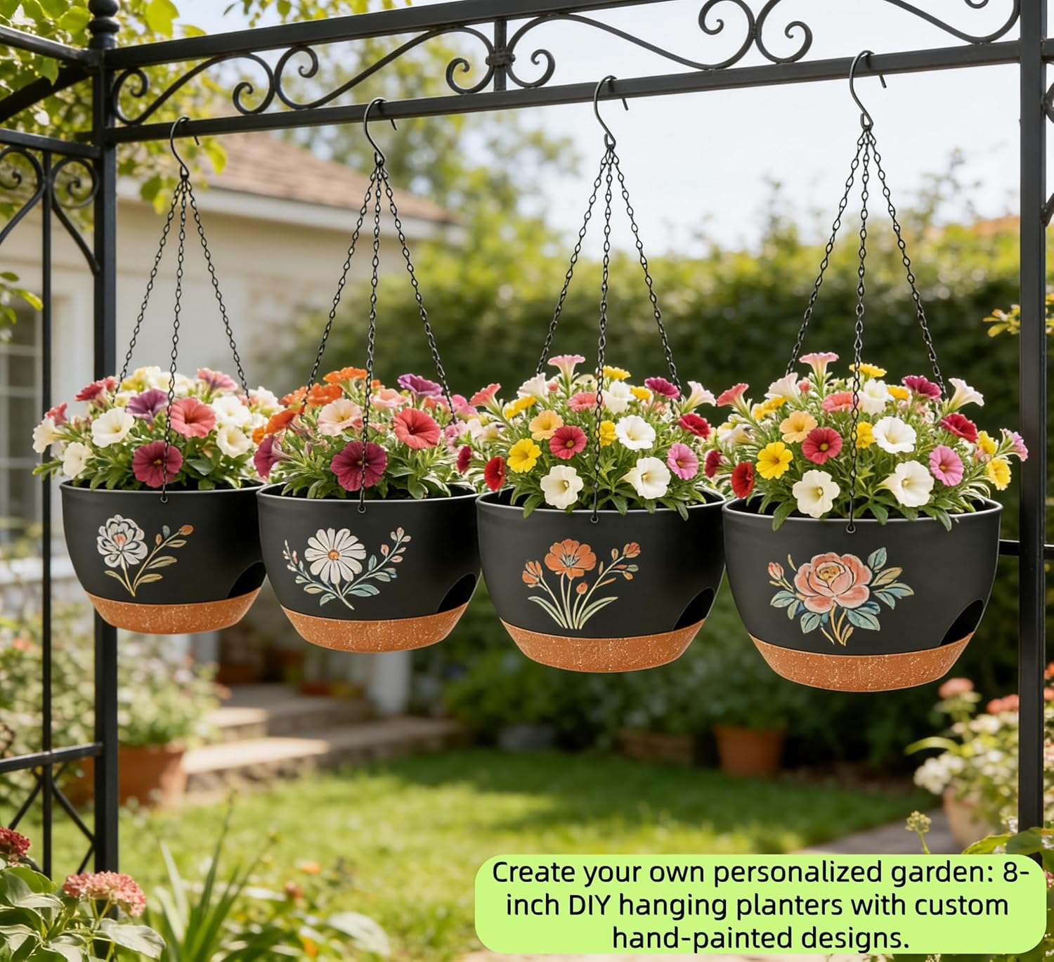 Set of 4-8 Inch Self Watering Hanging Planters for Indoor Outdoor，Hanging Plant Pots with Drainage & Removable Tray, Hanging Pots Holder for Ivy, Pothos, Ferns, Balcony & Patio, Black Brown