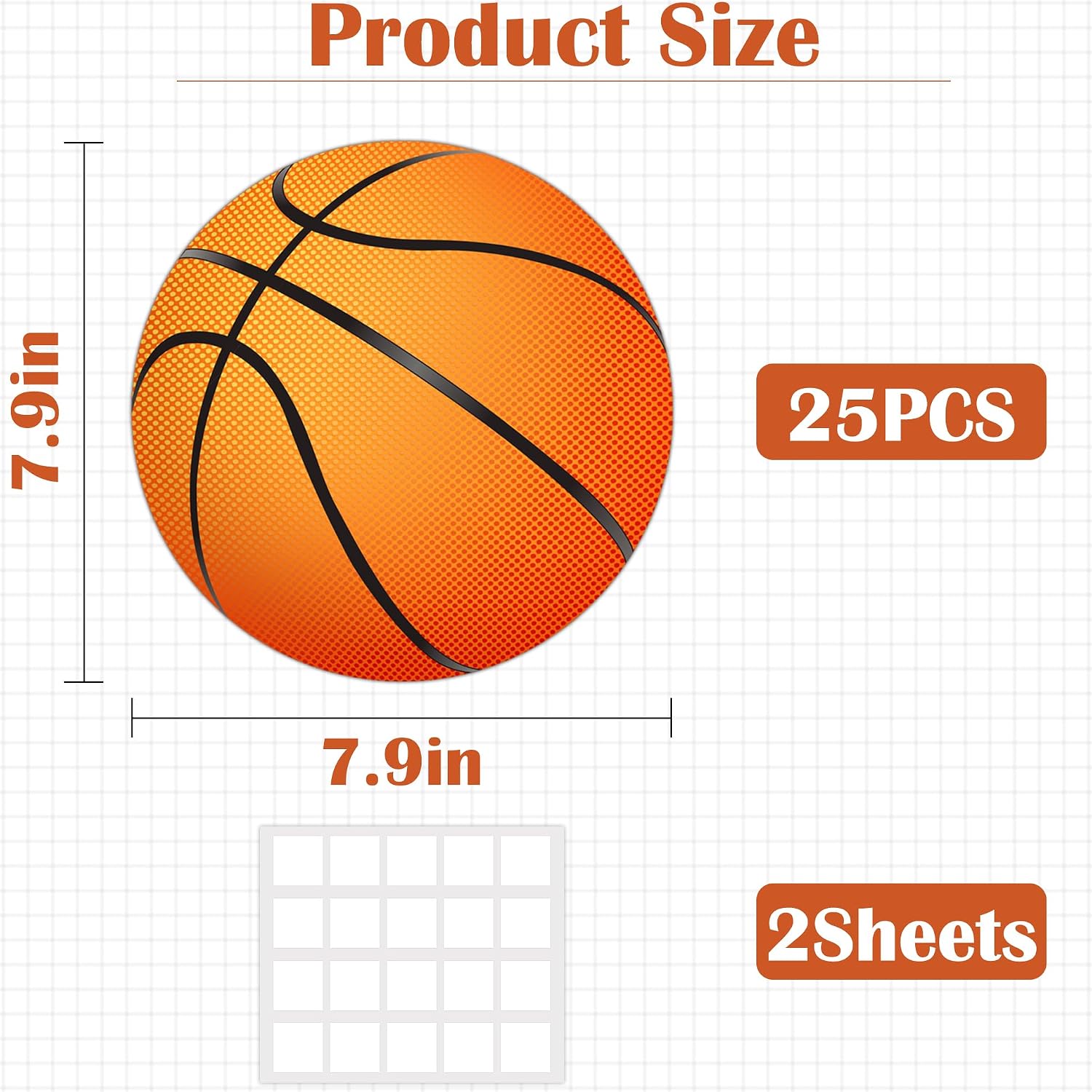 25 Pcs Double-Sided Basketball Cutouts, 7.9 in Large Paper Decorations for Classroom Bulletin Board, Door & Wall, Sports Party Decor, Includes Glue Dots