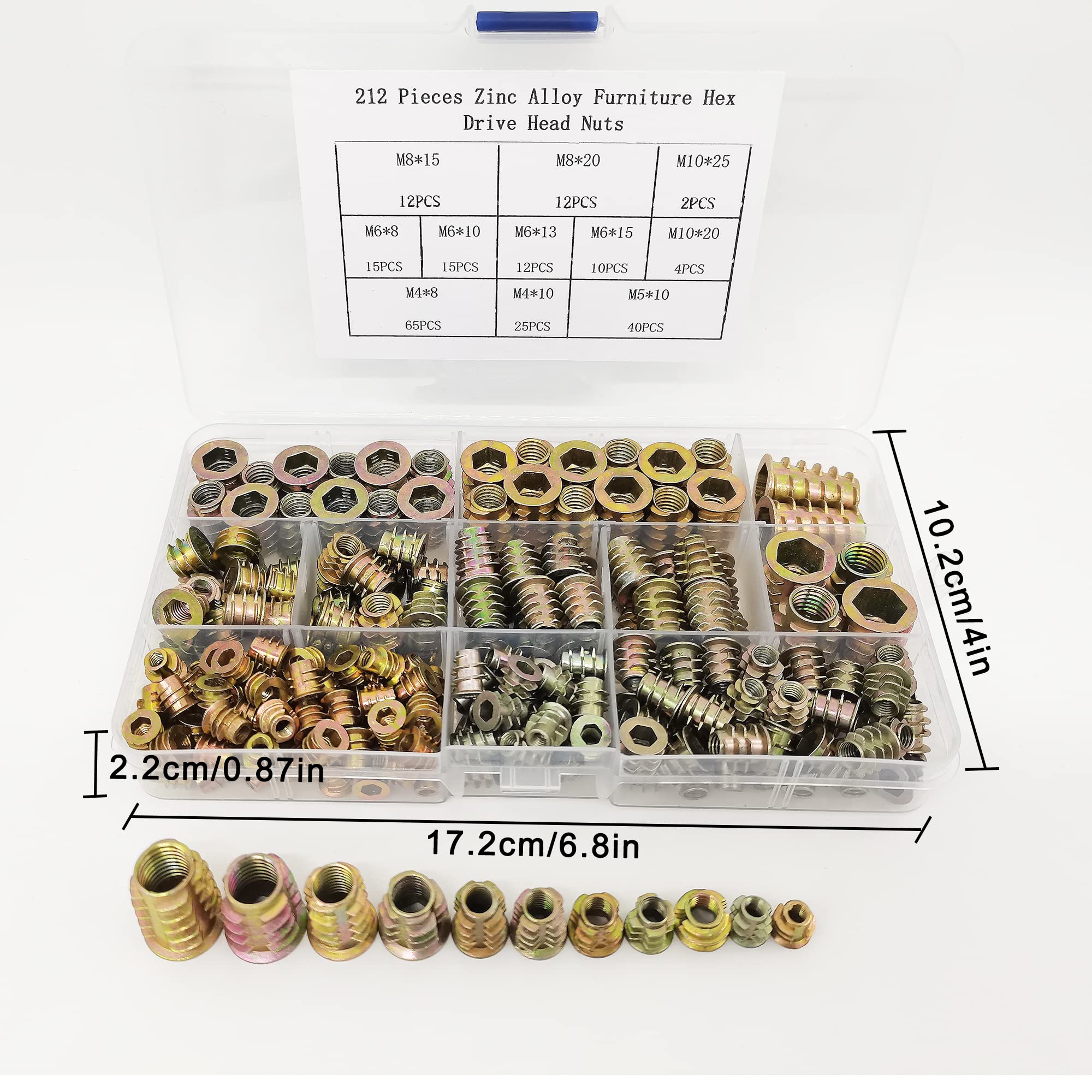 212 dadi esagonali M4/M5/M6/M8 in lega di zinco per mobili in legno