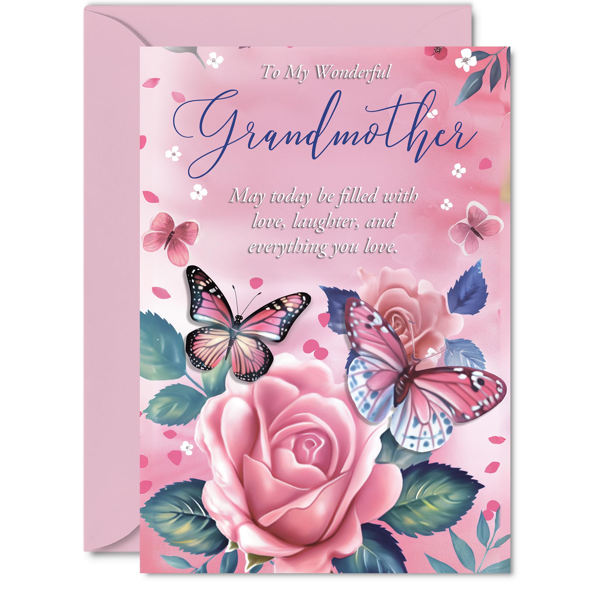 Grandmother Birthday Card, Pink Rose Butterfly