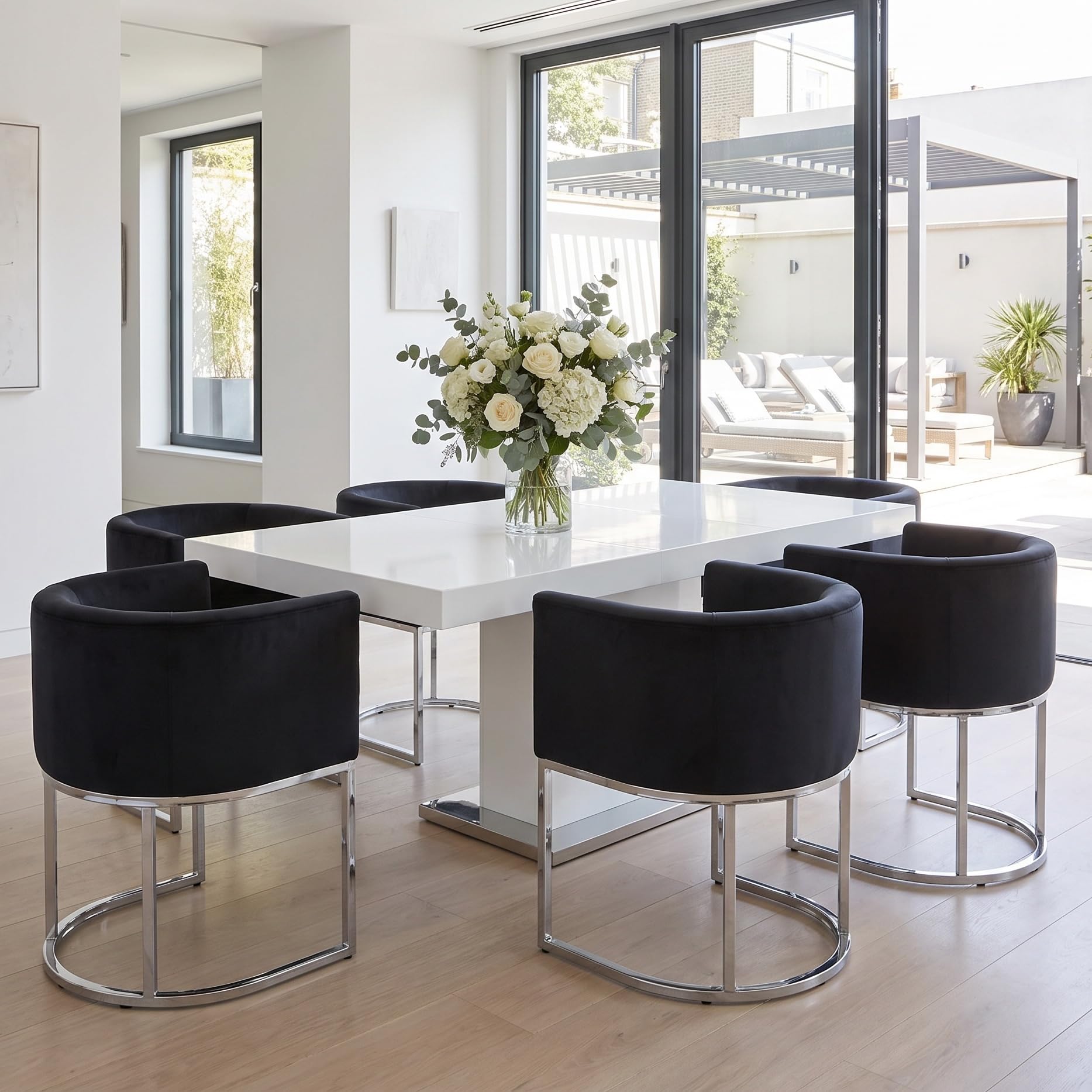 RIVOVA Upholstered Dining Chairs Set of 6, Modern Barrel Side Armchair Dining Room Chairs Comfy Armchair Kitchen Side Chair with Chrome Metal Legs, Black Velvet