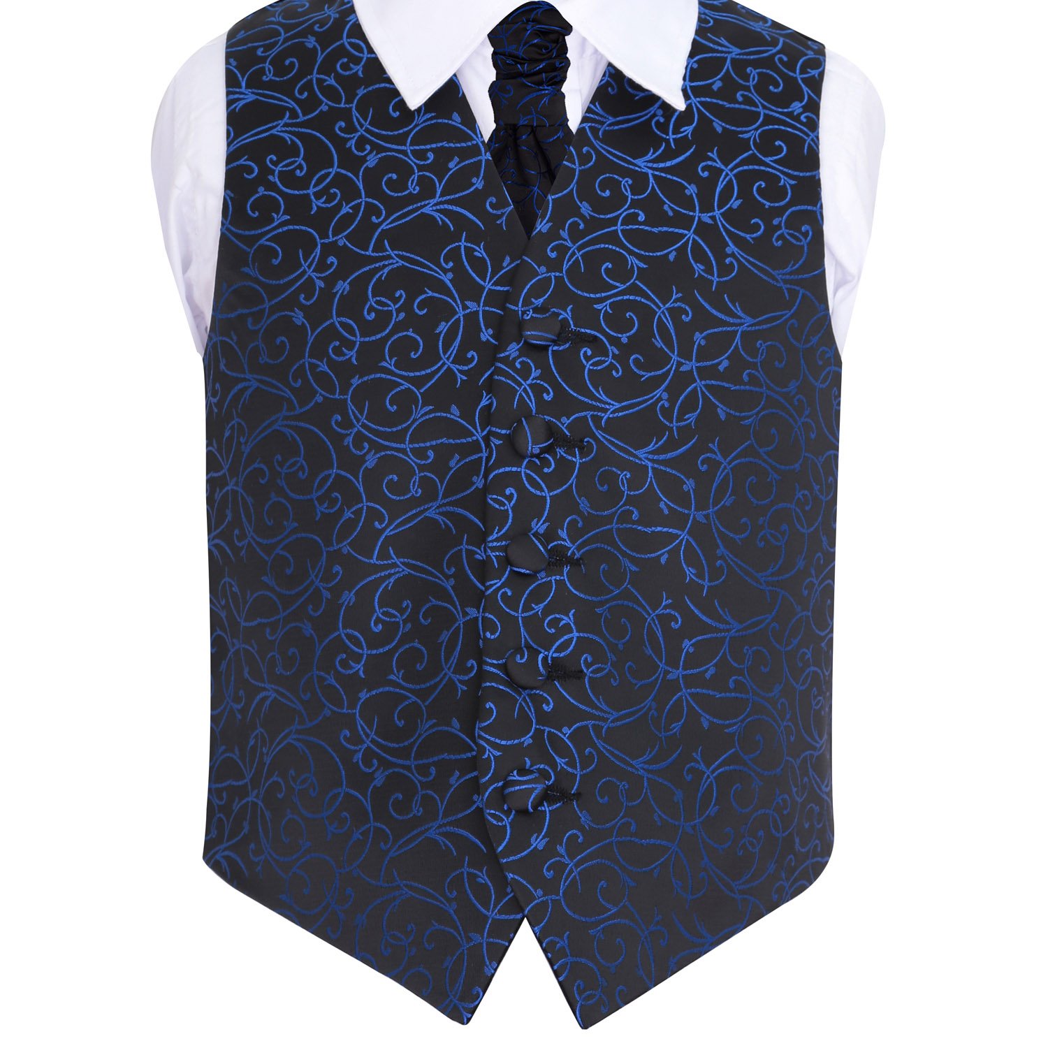 DQT Boys Swirl Waistcoat & Cravat Set (2pc) - Wedding Party & Formal - Black and Blue 13-14 Years 34"