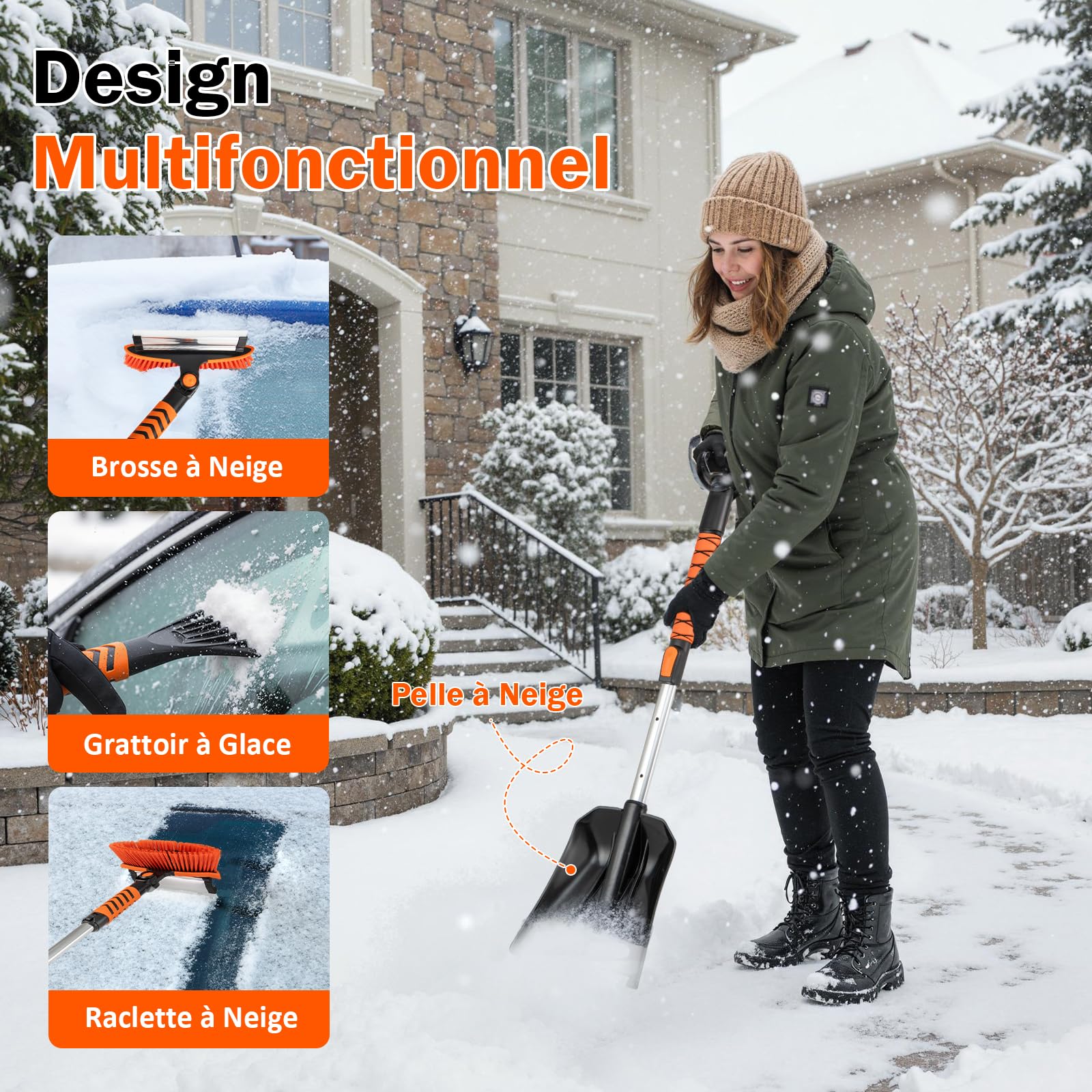 GOPLUS 4 in 1 Pelle a Neige Extensible 80/100cm, Grattoir Pare Brise Voiture et Brosse Voiture Détachable 87/107cm, Tête Pivotante à 180°, Manche en Aluminium, Poignée Mousse, pour Camions, SUV