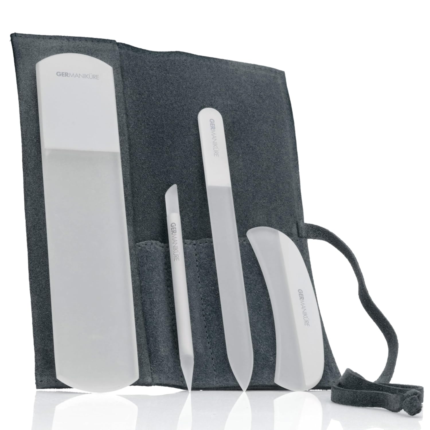 4pcs Manicure Set Genuine Czech Crystal Gray Glass Nail File Moon File Manicure Stick Pedicure Foot Care Bar in Gray Suede by GERmanikure