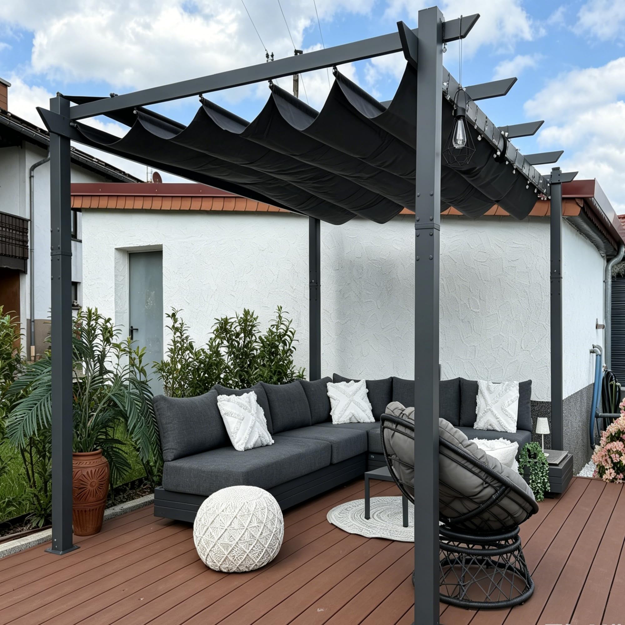 PURPLE LEAF Garten Pergola 3 x 4 m, Pavillon Aluminium Wasserdicht Sonnendach mit Schiebedach, Terrasse Pergola mit Markisenschutz, UV Beschattung, Grau