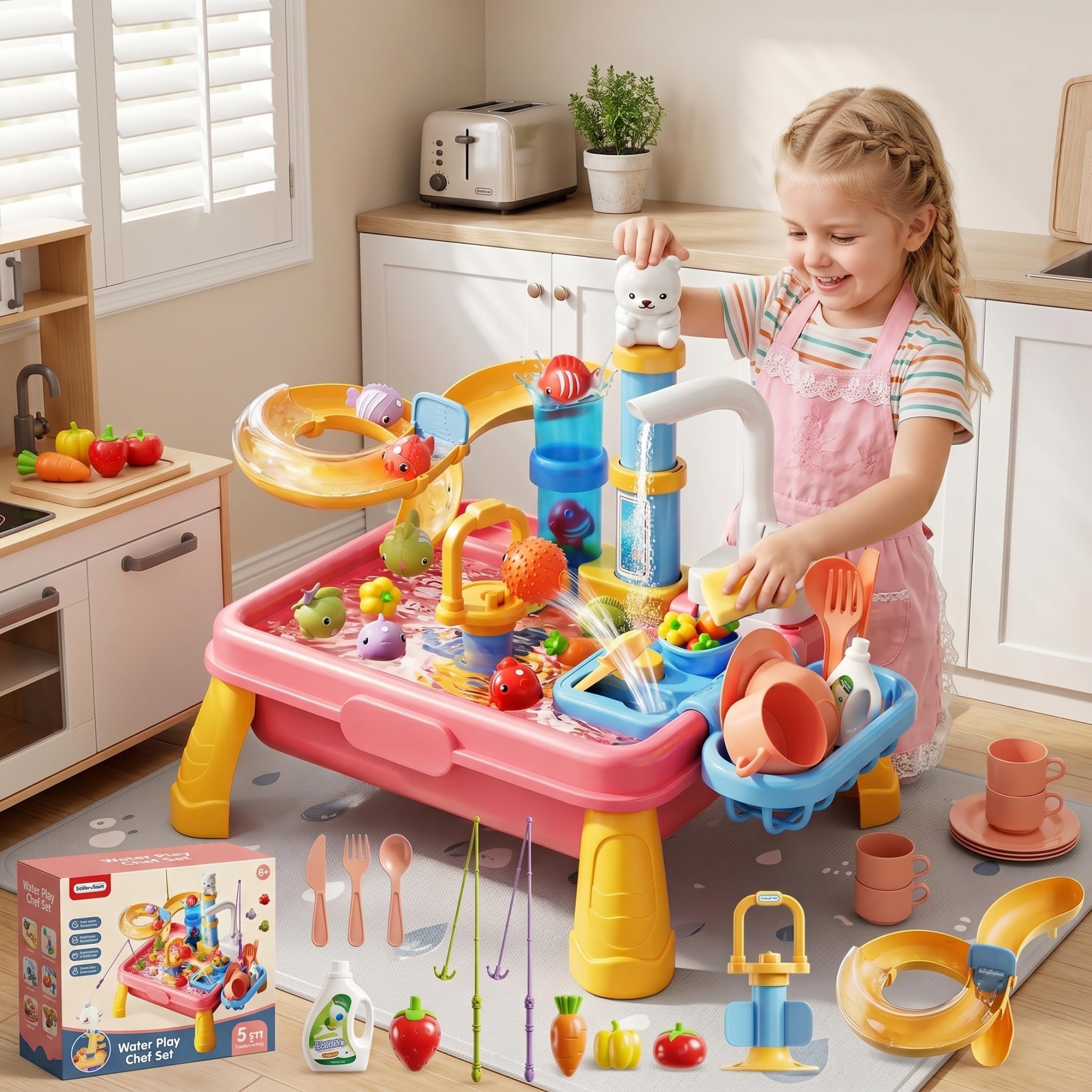 Fregadero de Juguete Mesa de Actividades acuáticas alimentada por batería Juego de simulación Interactivo Juguete de Cocina con Ciclo de Agua automático Estilo-1