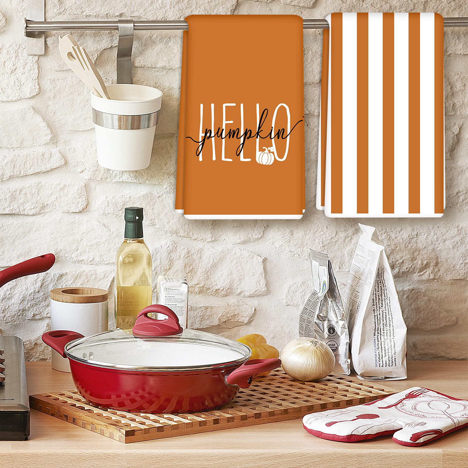 Hello Pumpkin Küchentücher – Herbst-Design Mit Leoparden & Regenbogen | Saugstarkes Mikrofaser-Waffeltuch | 40,6×61 Cm