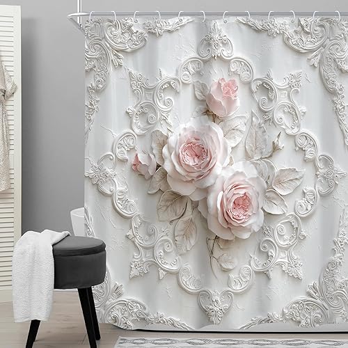 Miniatura 2 de Cinbloo Cortina de ducha romántica con diseño floral de rosas rosas de 60 pulgadas de ancho x 72 pulgadas de alto, escultura de relieve blanco