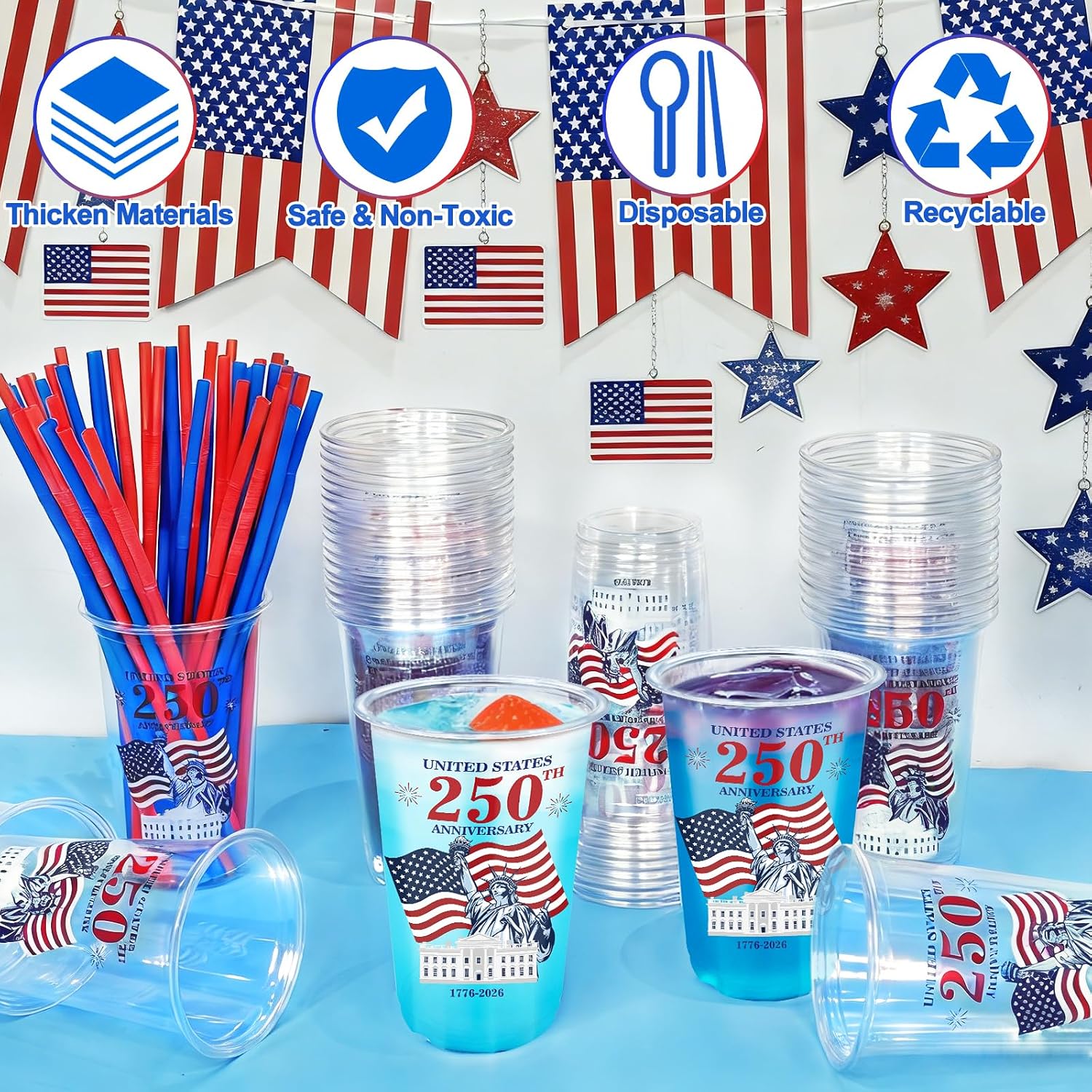 100Pcs USA 250th Anniversary 4th of July Decorations Patriotic Party Supplies, 50Pcs 16oz 4th of July Party Cups Patriotic Disposable Plastic Cups 50Pcs Red Blue Straws Independence Day Memorial Day