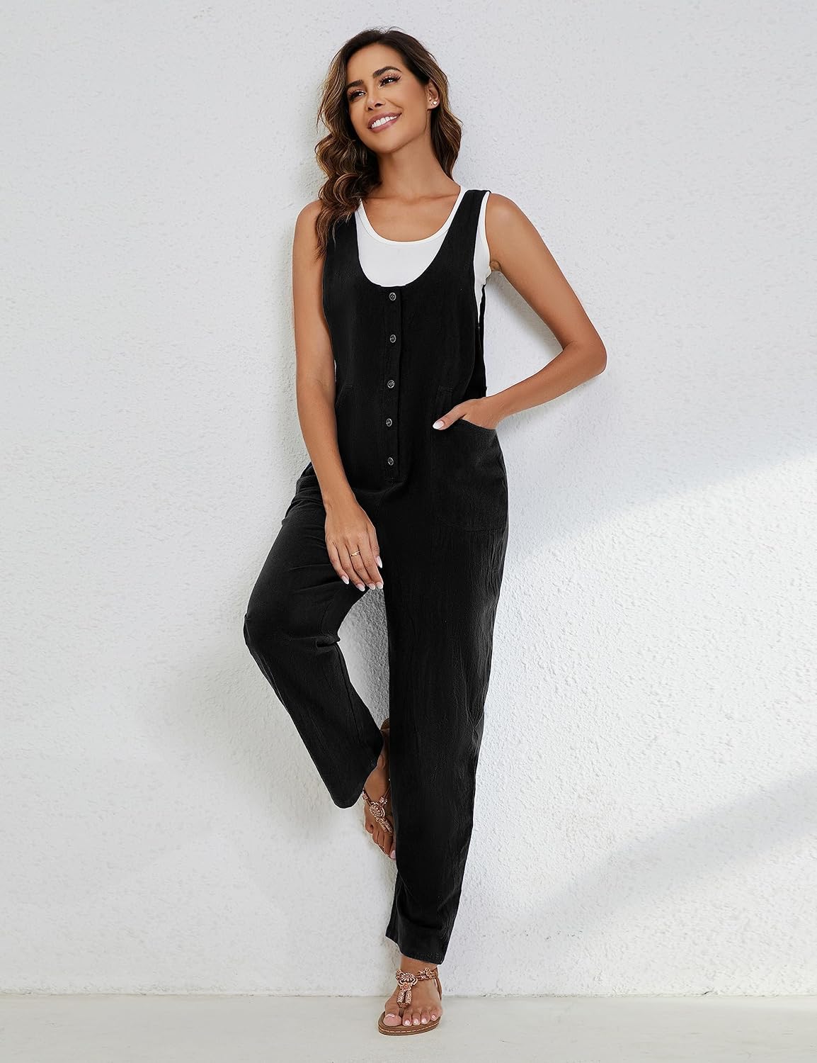 Yeokou Womens Overalls Linen Cotton Jumpsuits Loose Casual Jumpers with Pockets - Image 5